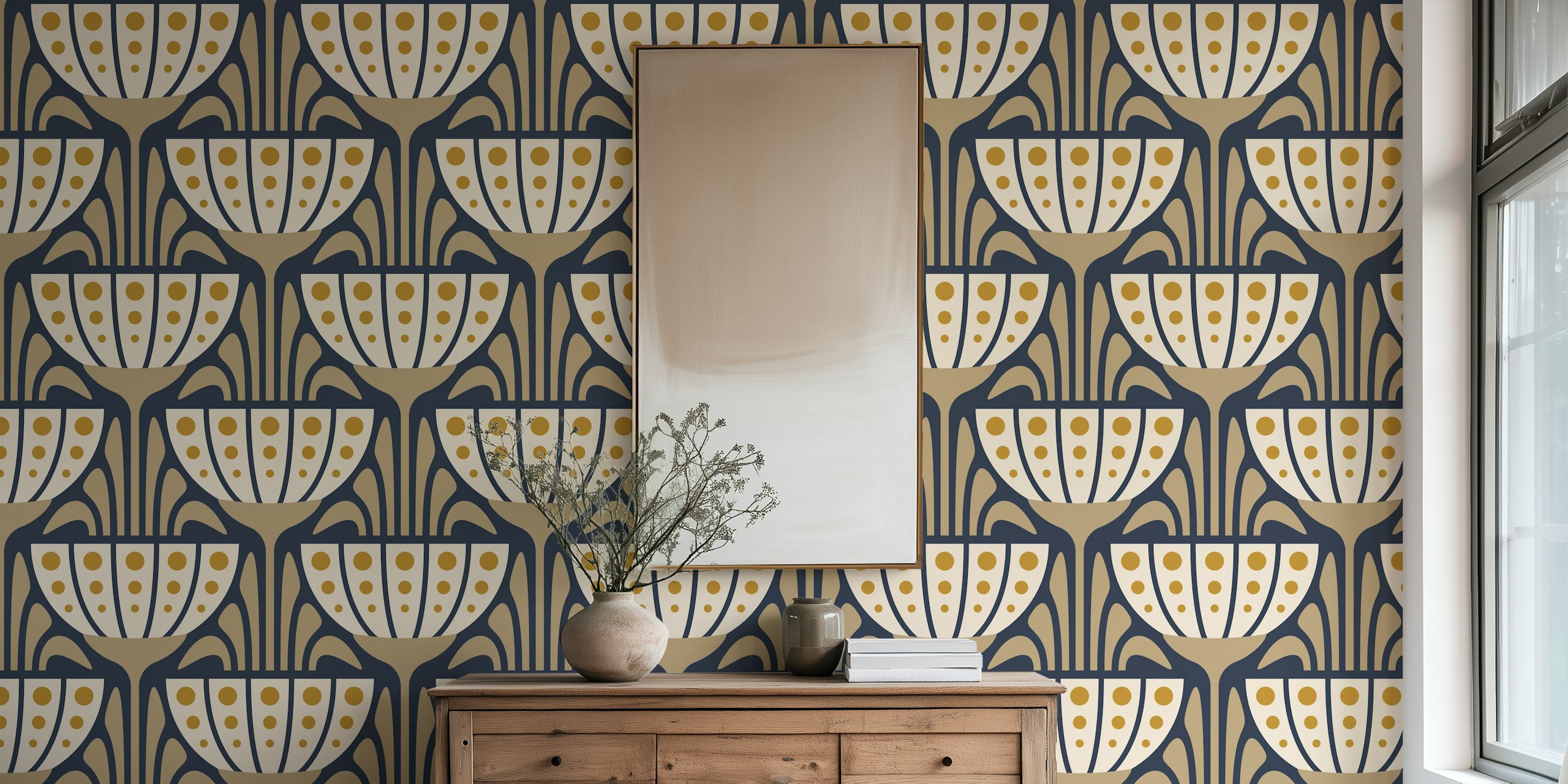 Mid-Century Blossoms in beige e giallo carta da parati