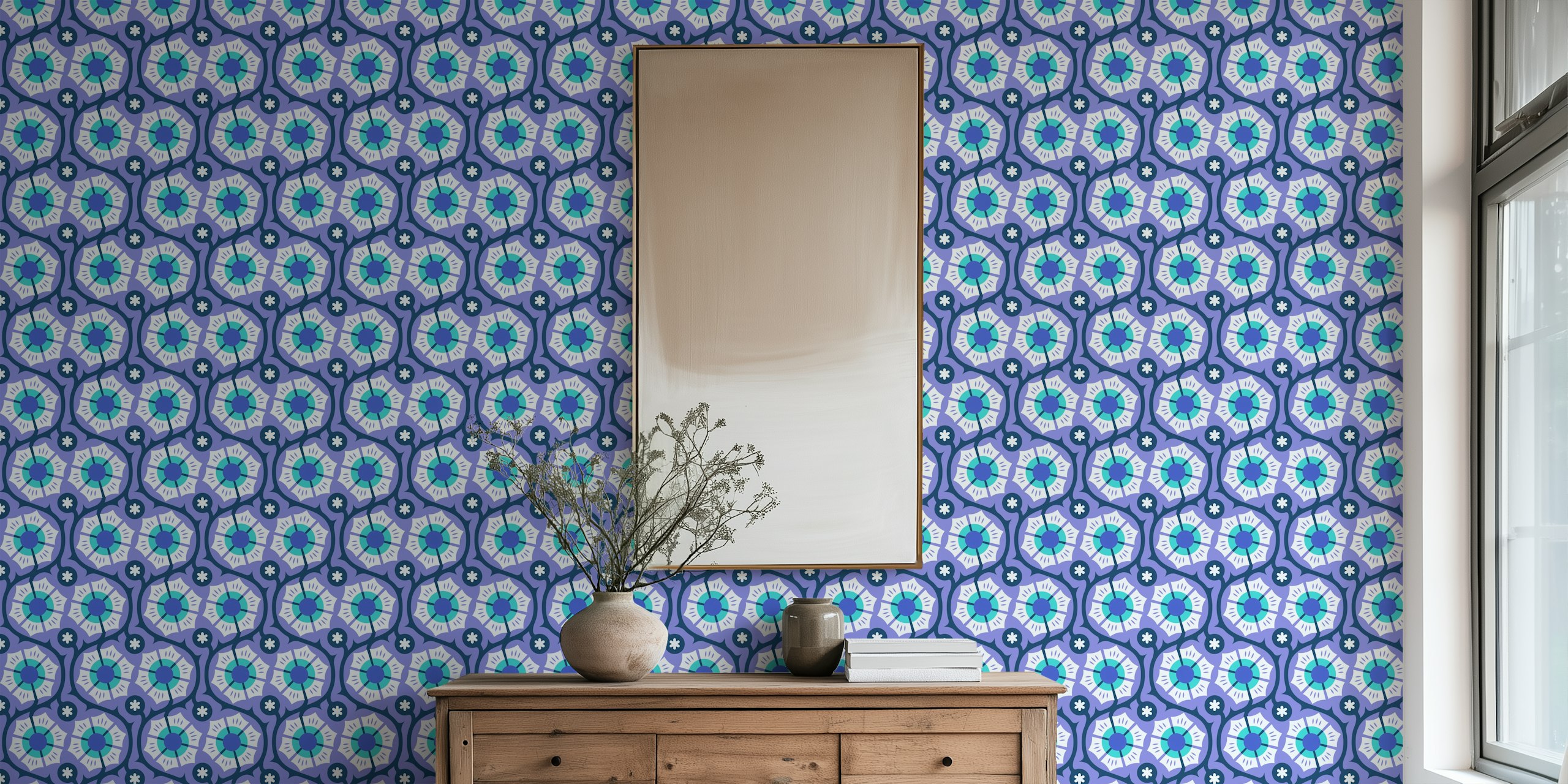 Purple floral pattern with blue and white details wallpaper