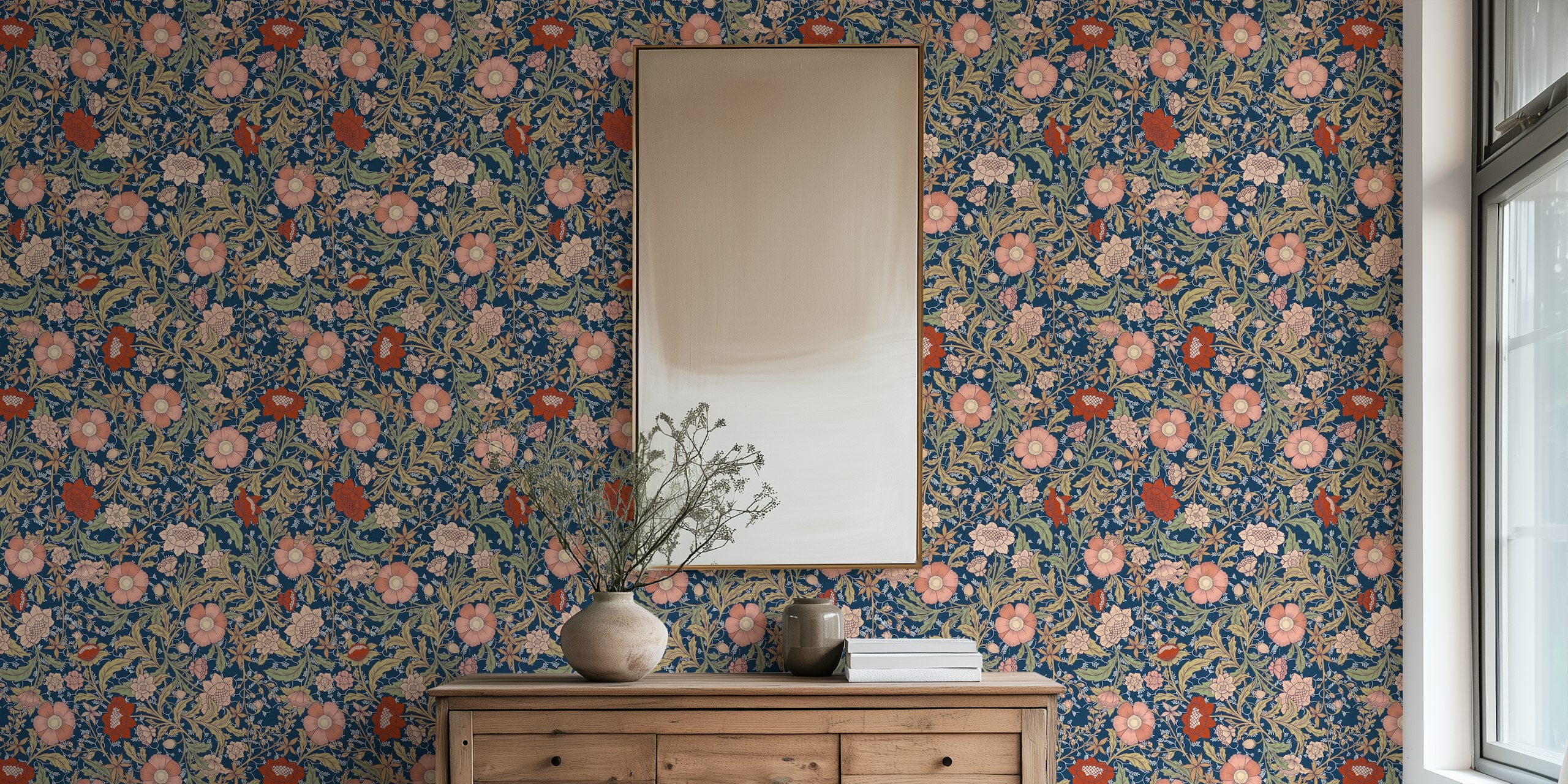 Morris vintage trailing flowers wallpaper in room