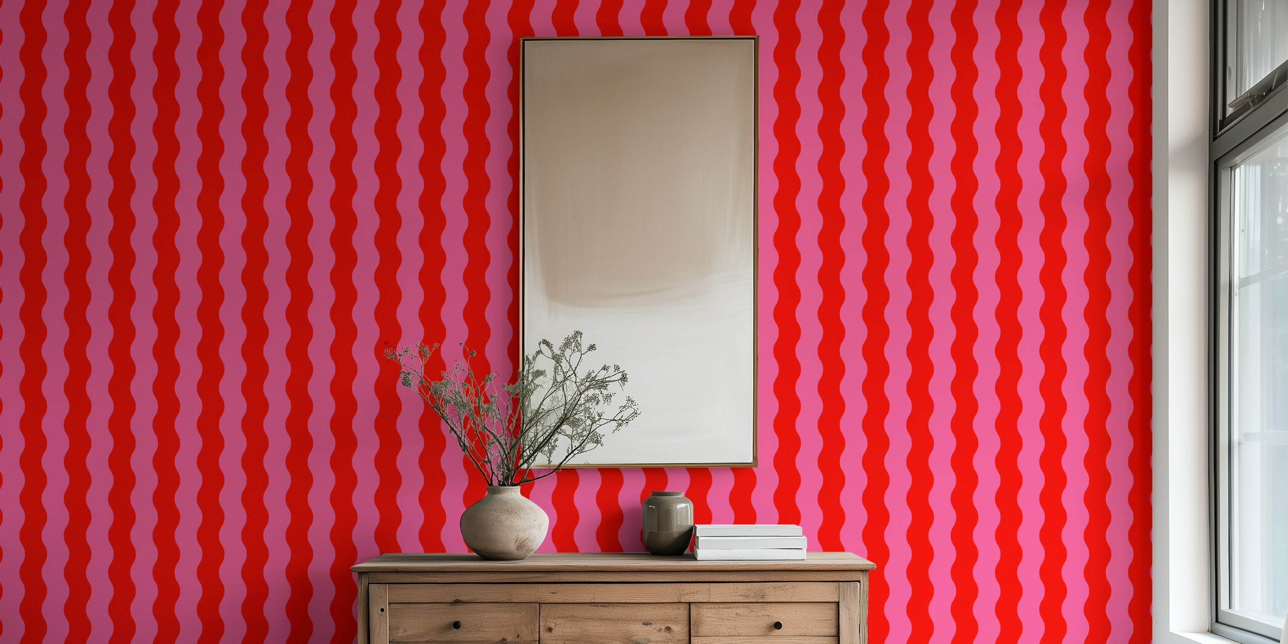 Wavy pink and red stripes wallpaper in a room