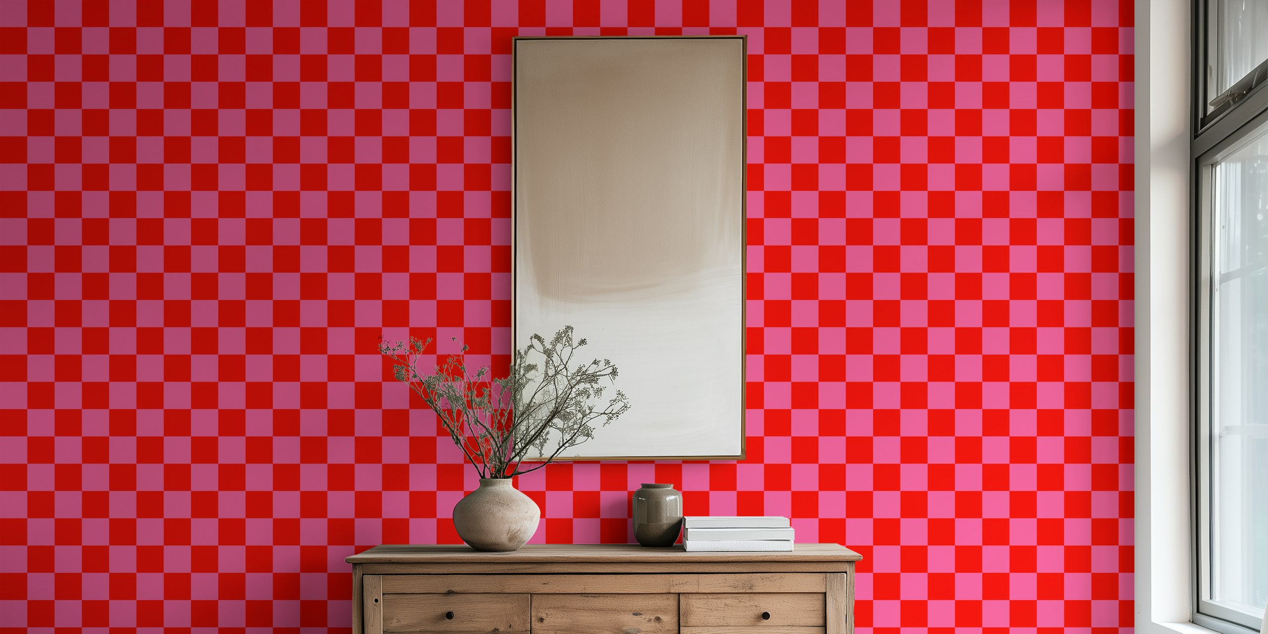 Papel pintado Red and pink checkered en una habitación