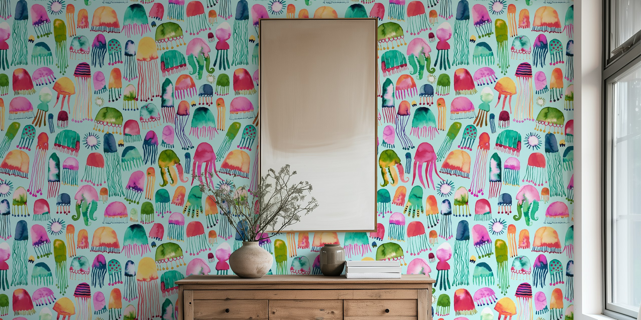 Bunte Quallen auf aqua Hintergrund, Wasserfarben Stil Tapete