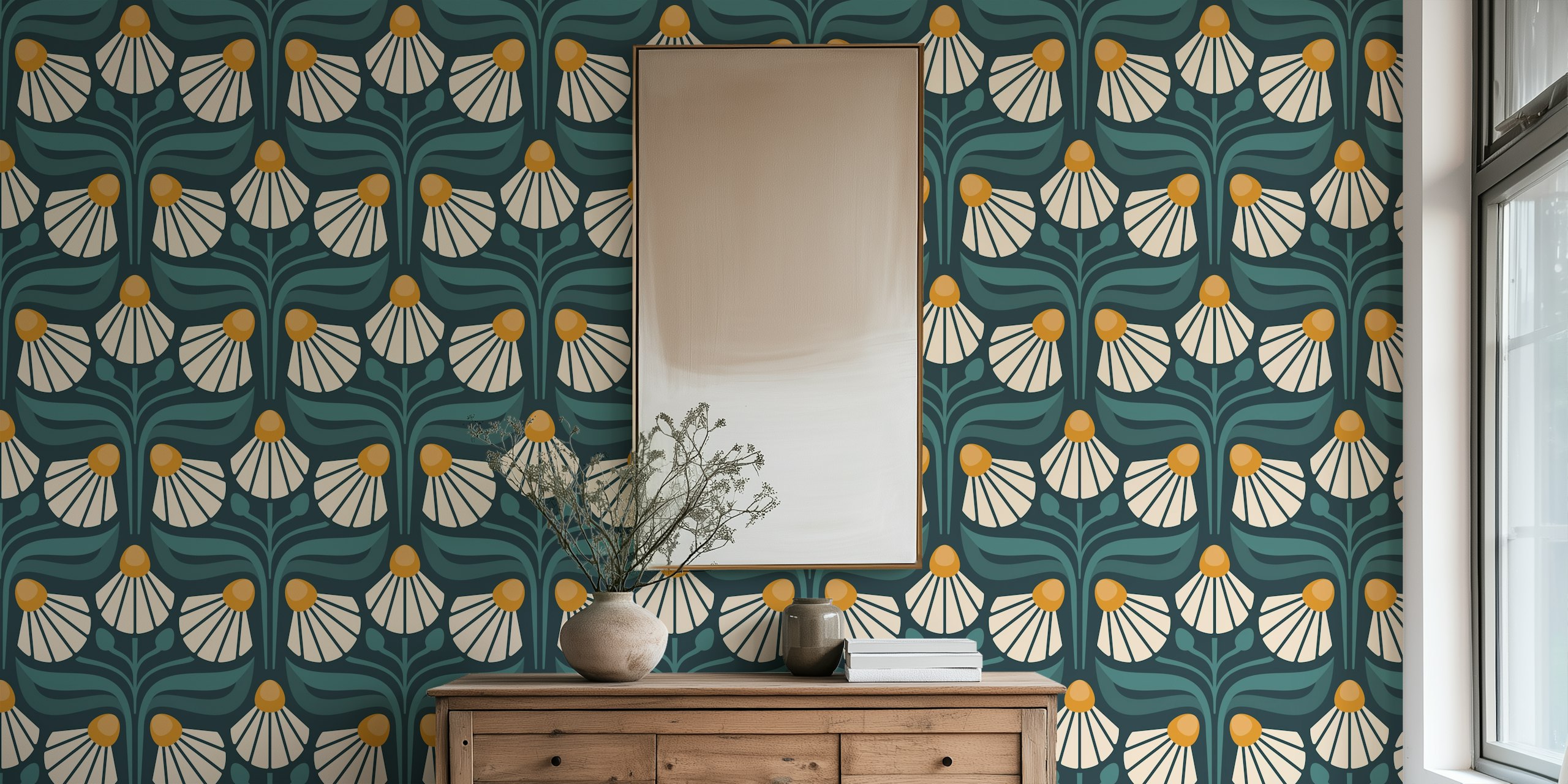 Vintage floral design with green leaves and cream blossoms wallpaper