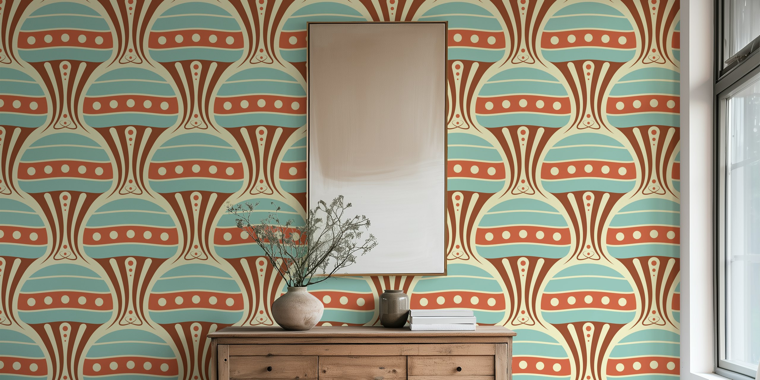 Vintage jellyfish pattern in red and turquoise colors wallpaper