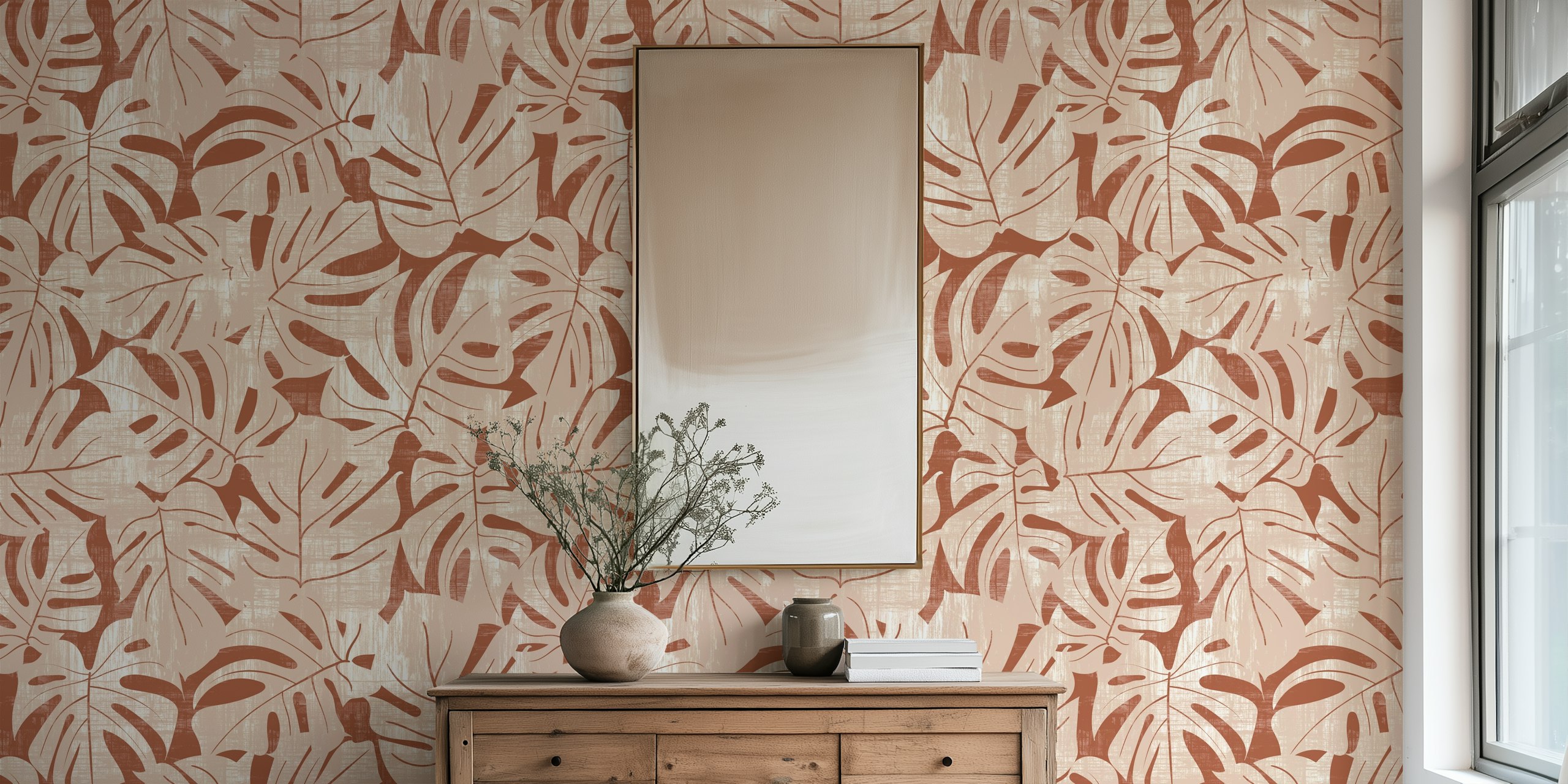 Jungle leaves pattern in warm nude and auburn brown, botanical wallpaper