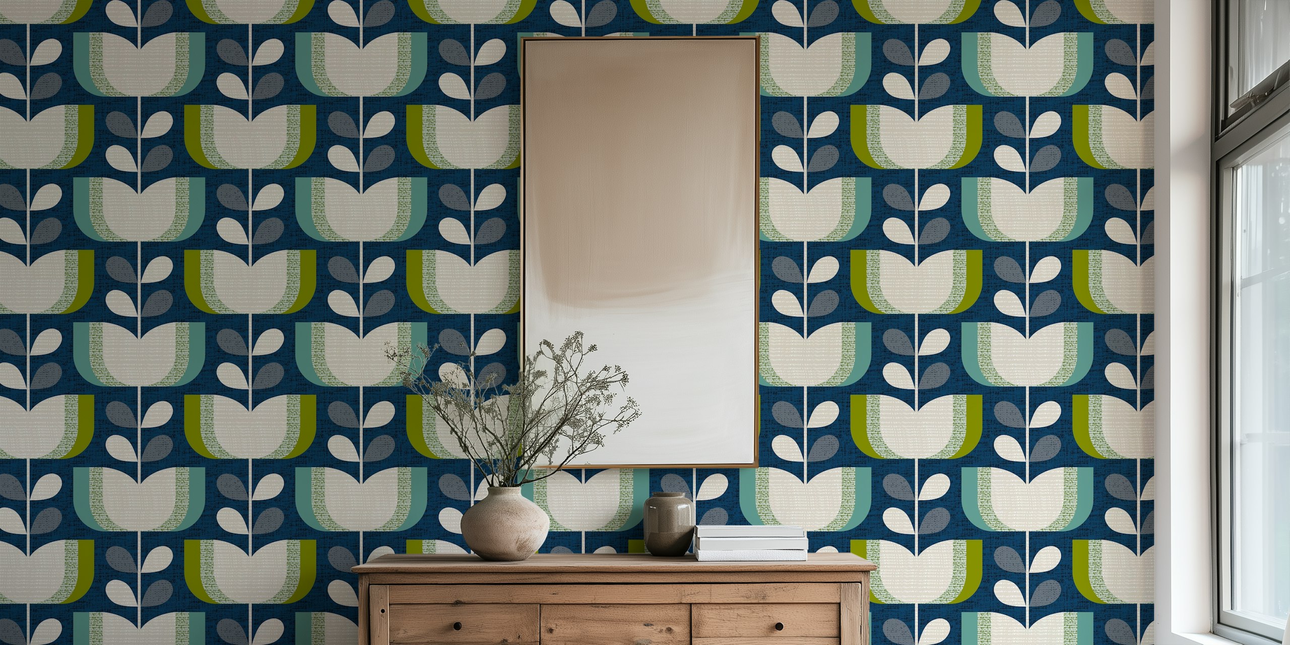 Retro tulips wallpaper in a room