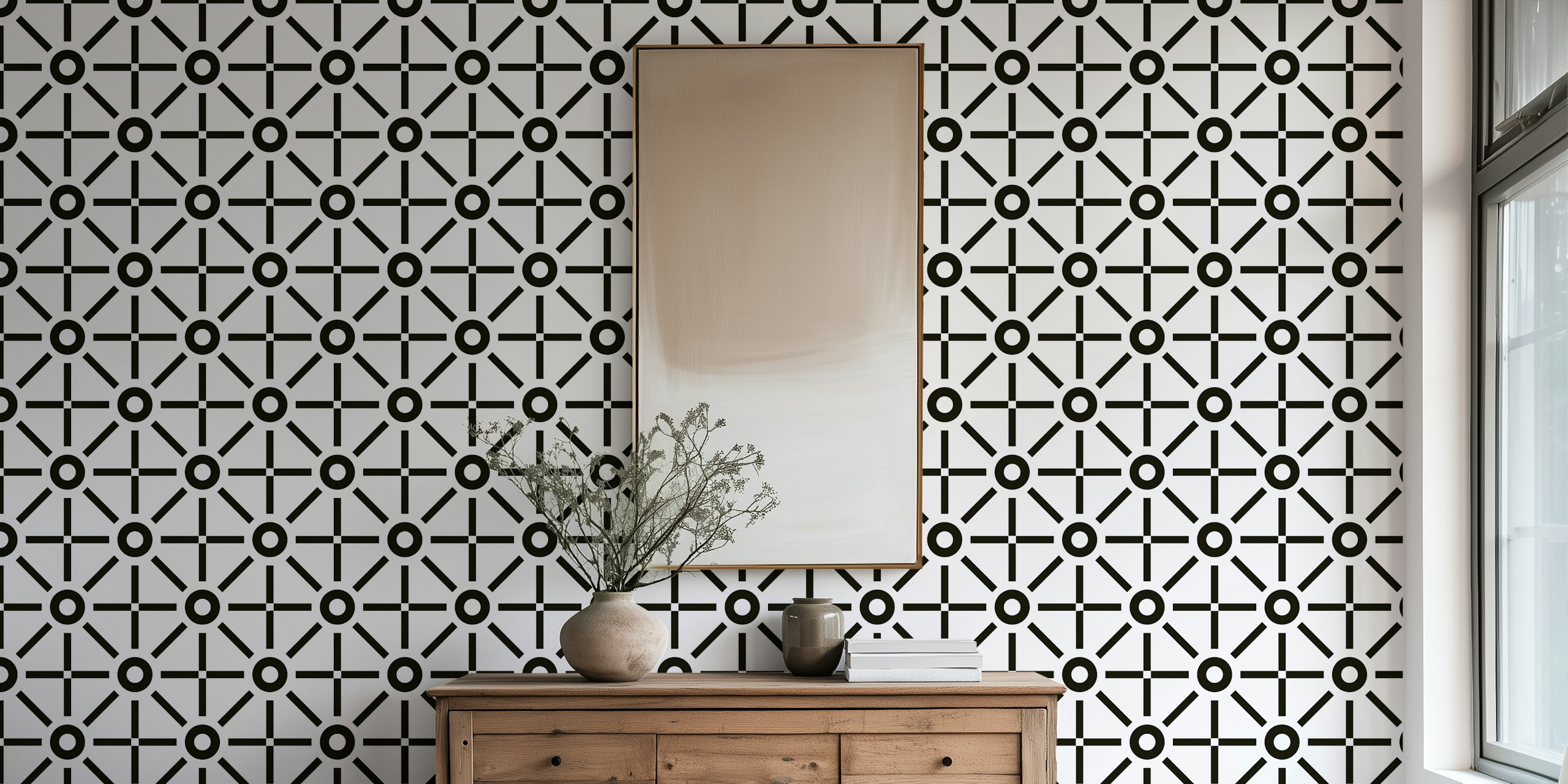 Geometric Sun Black and White wallpaper in a room