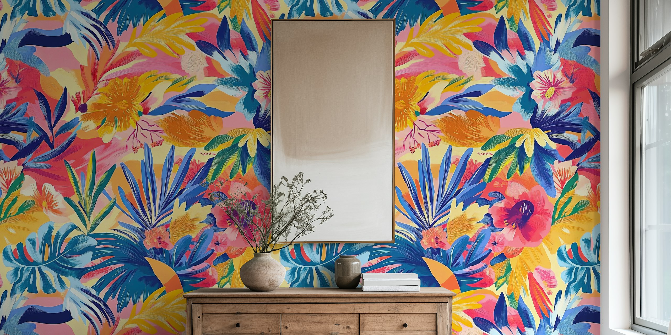 Colorful floral pattern with tropical leaves and flowers wallpaper