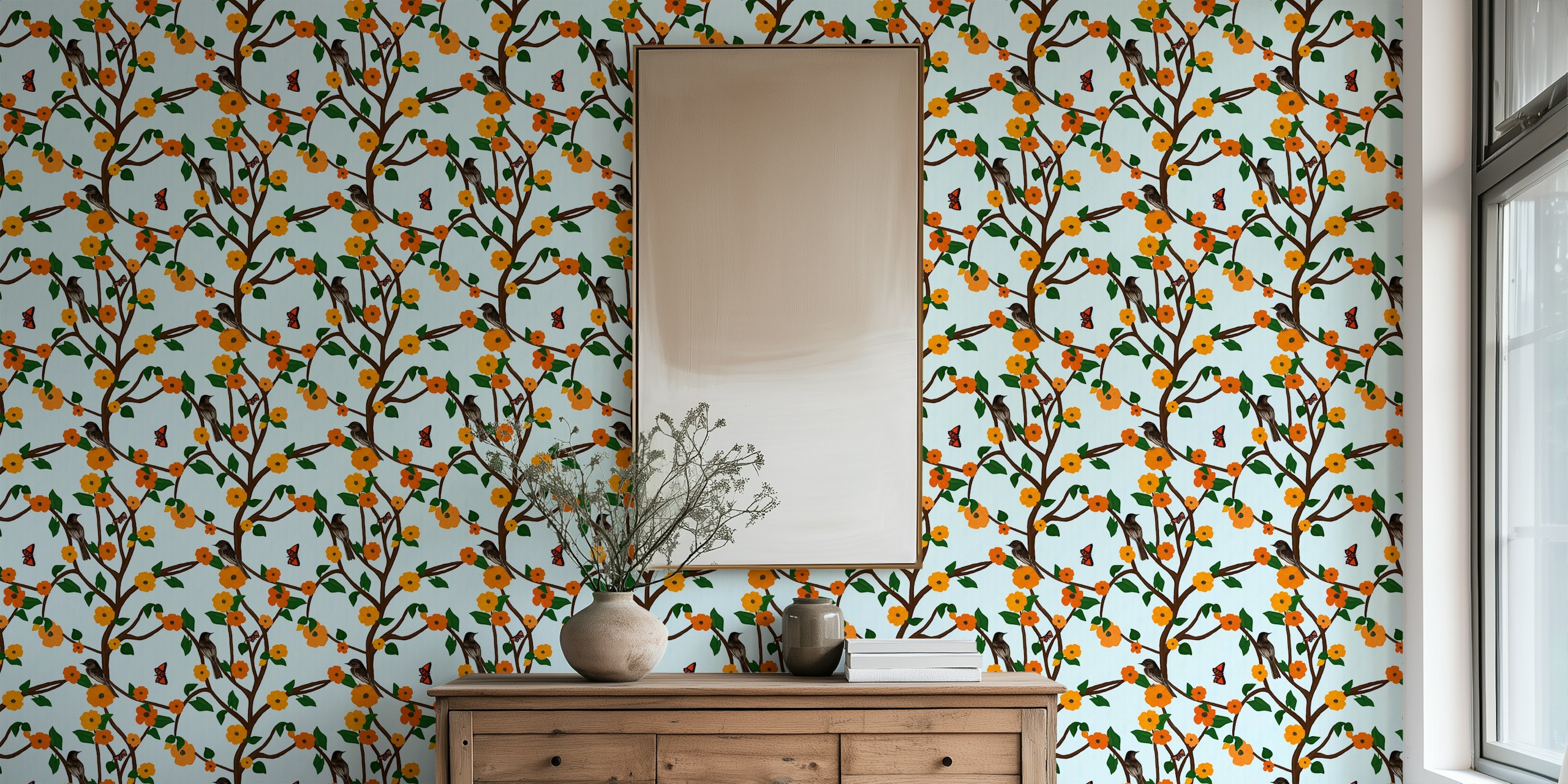 Phoebes in Chinoiserie Garden wallpaper in a room