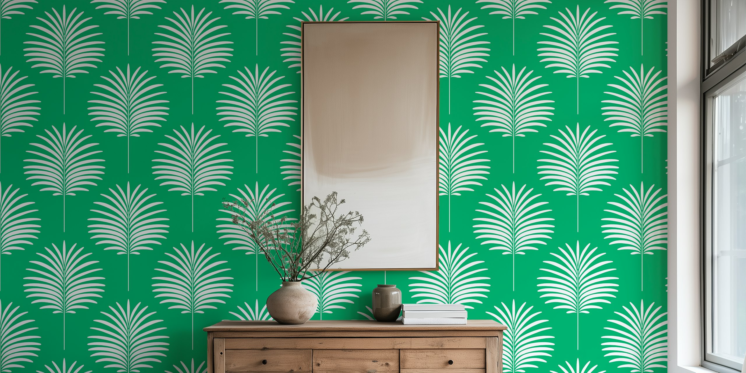 Ταπετσαρία Palm Leaves - Jade Green and White 1 σε ρύθμιση δωματίου