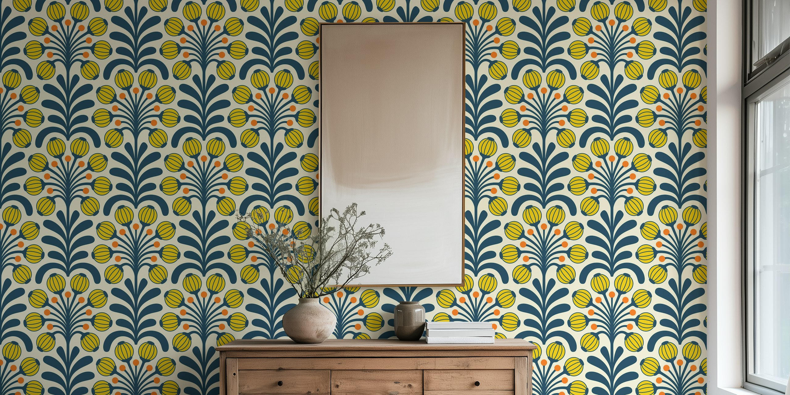 Yellow floral pattern with navy green vines wallpaper