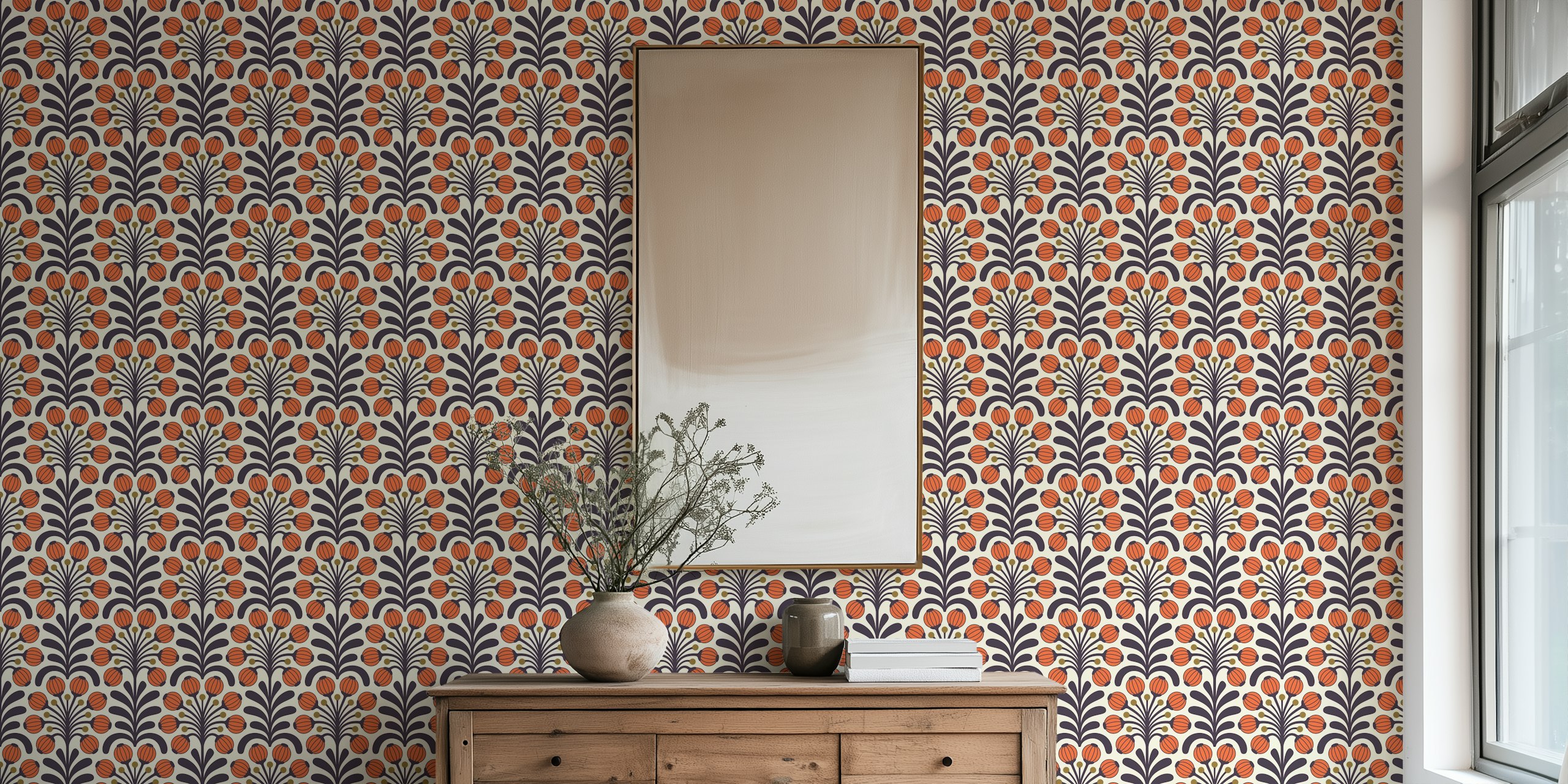 Papel pintado Retro Poppy Fantasy in Red en una habitación