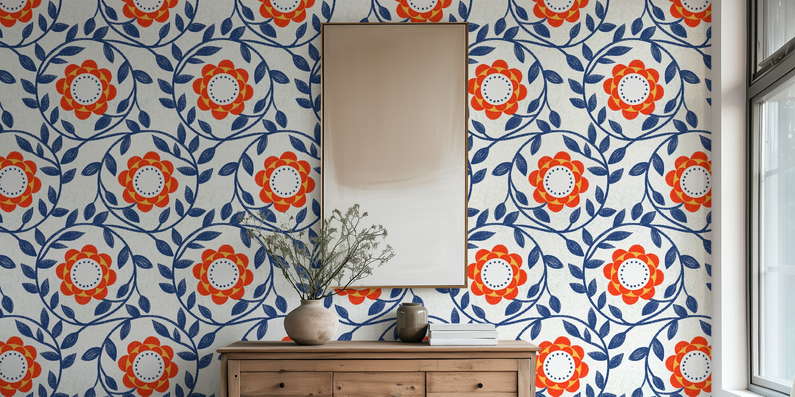 Vintage floral wallpaper en rojo y azul