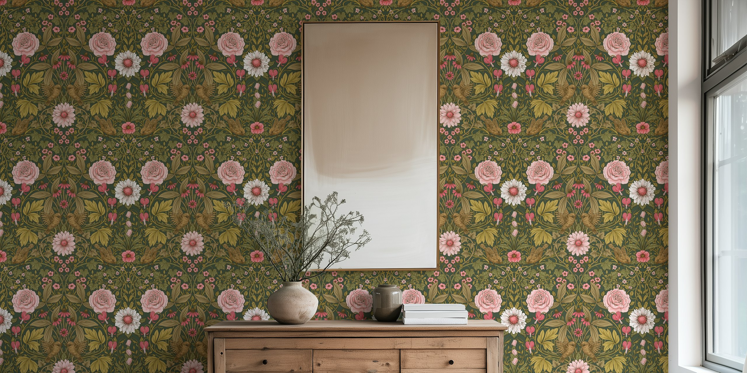 Floral pattern with pink roses and green leaves wallpaper
