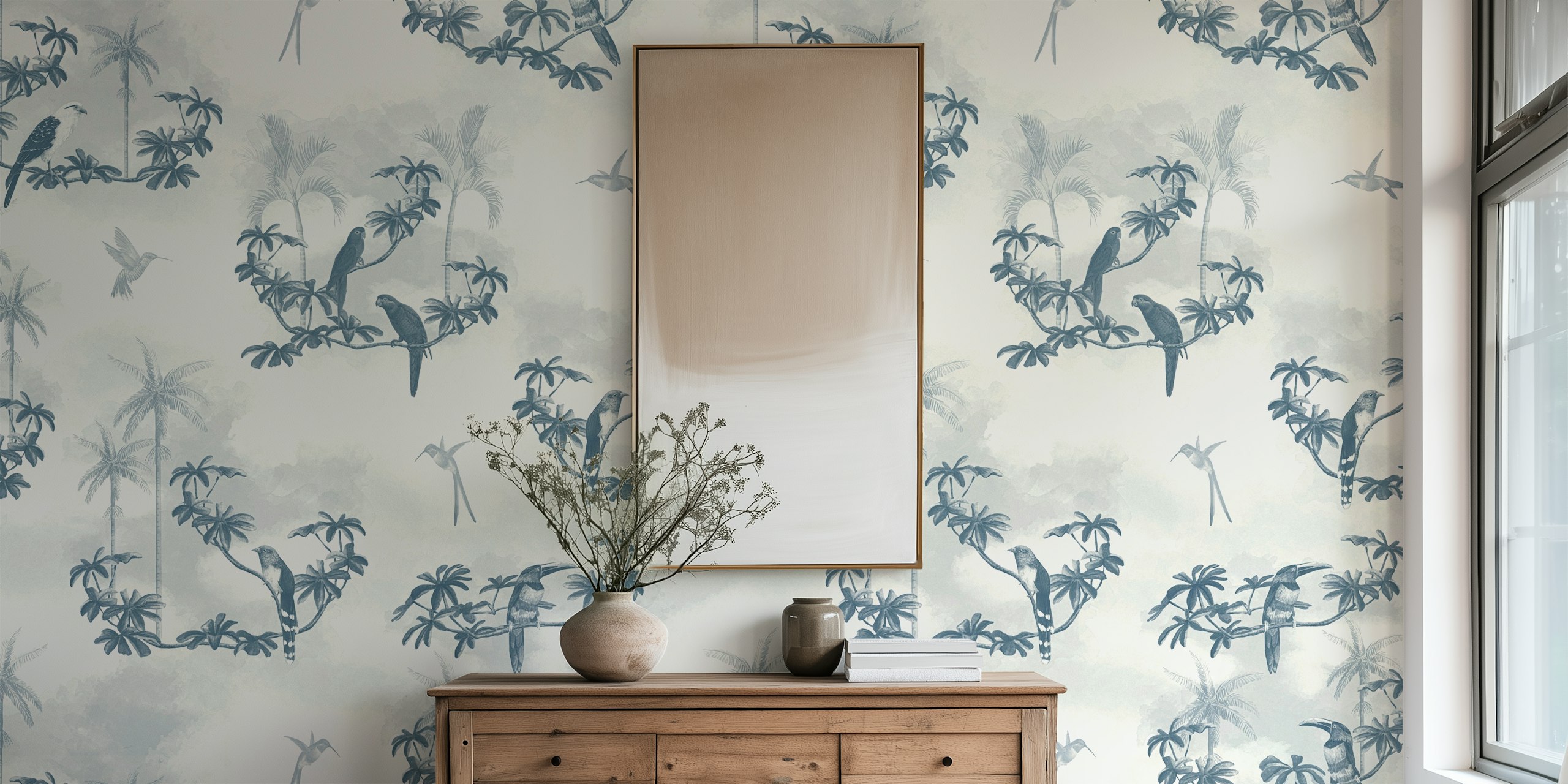 Serene blue Tropical Scenes Tapete in einem Raum
