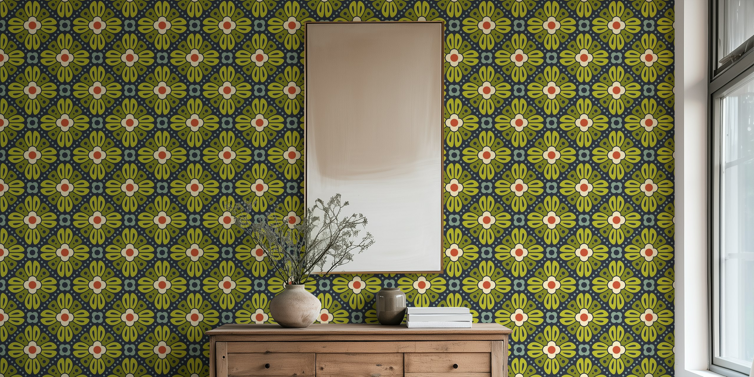 Retro floral pattern with green, red, and cream colors wallpaper