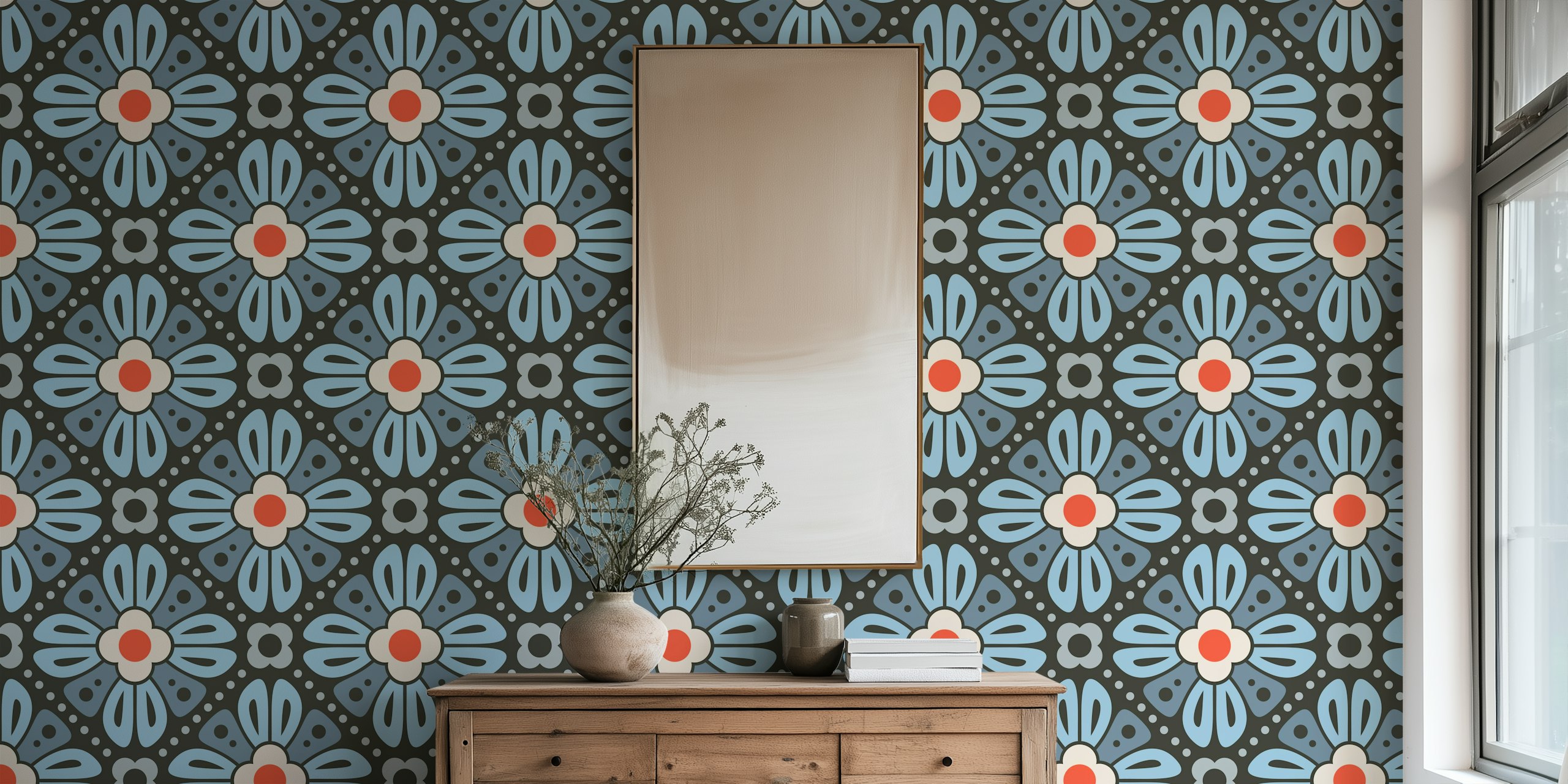 Retro floral tiles wallpaper in a room