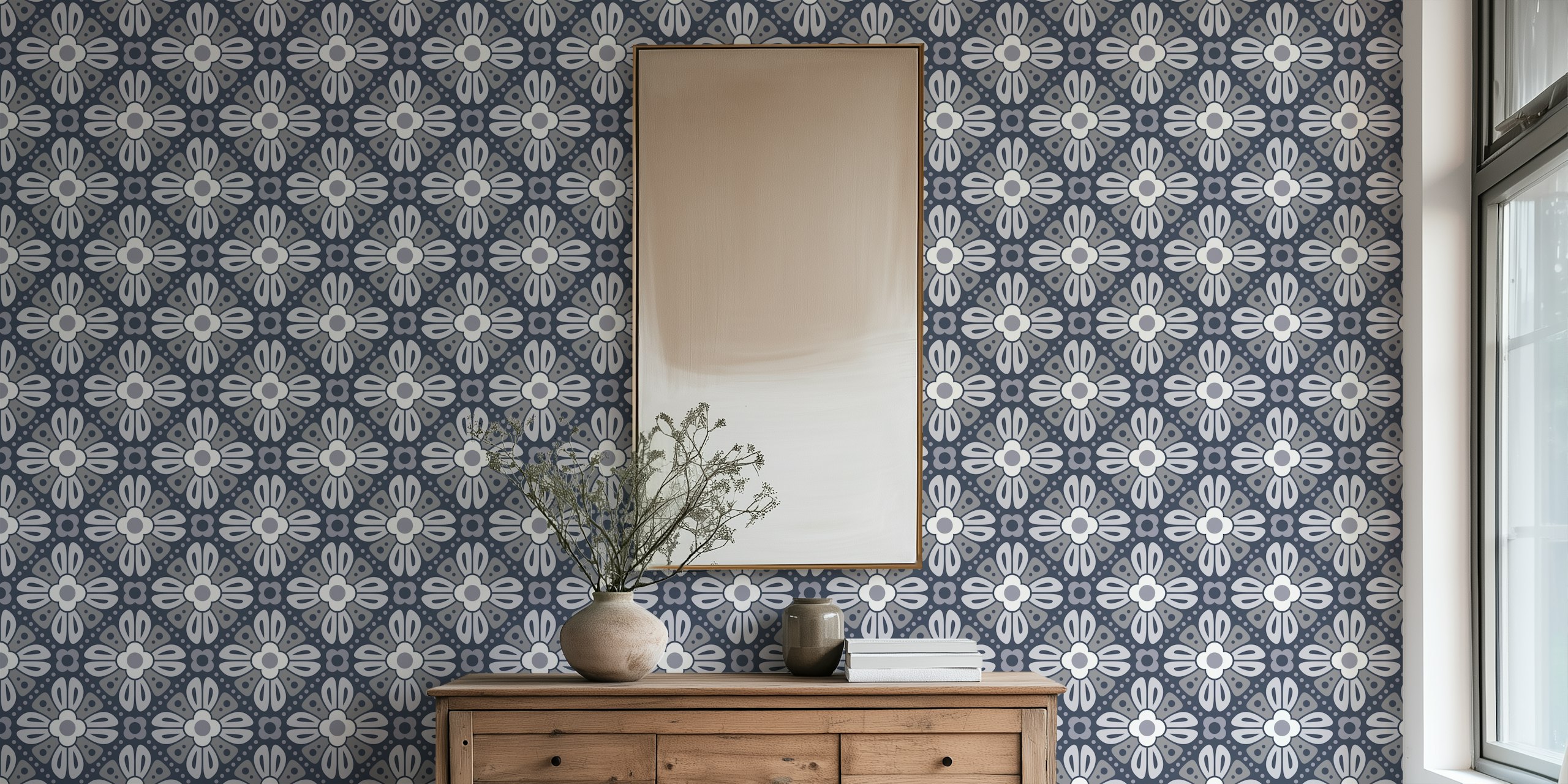 Retro Floral Tiles in Blue Red - L tapet i et rom