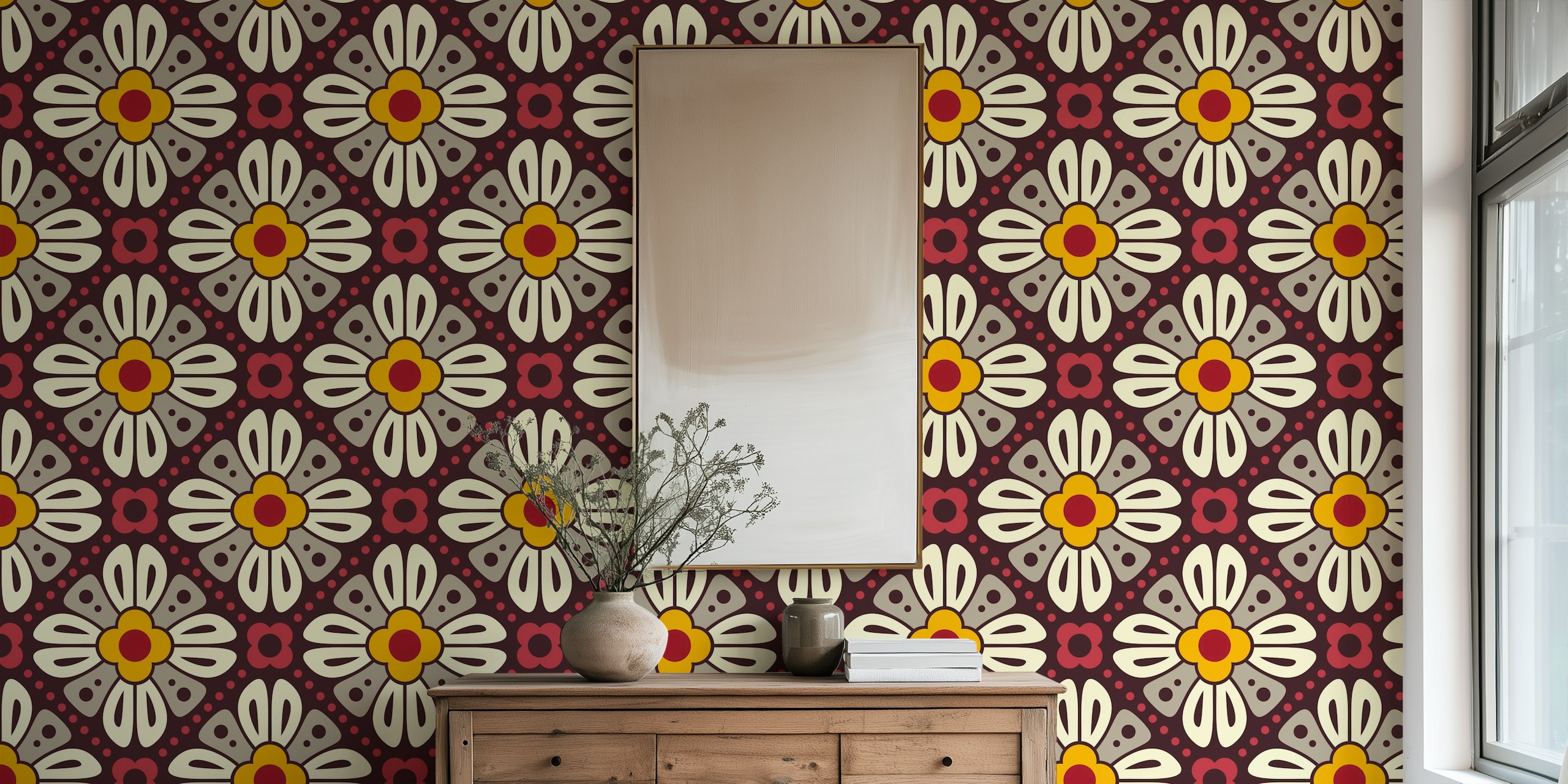 Retro floral wallpaper in a room