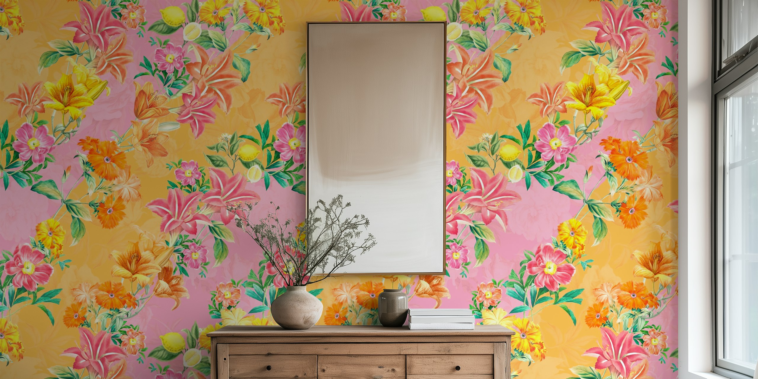 Colorful tropical flowers and lemon foliage wallpaper