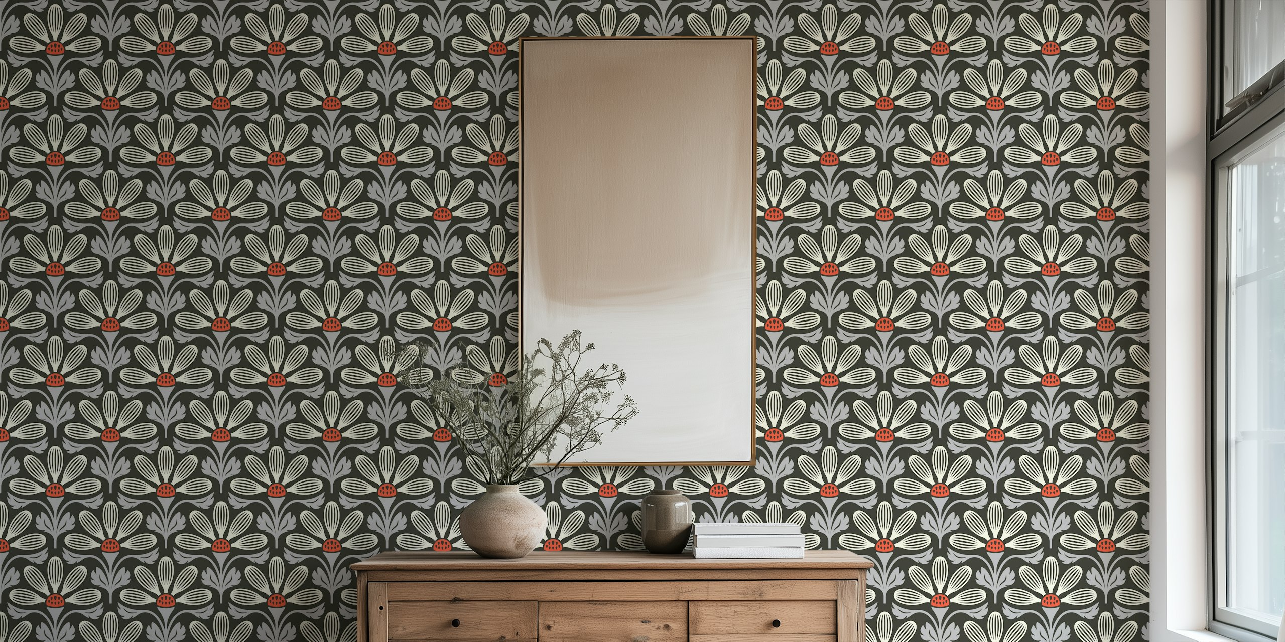 Gray floral wallpaper with elegant blooms and intricate patterns