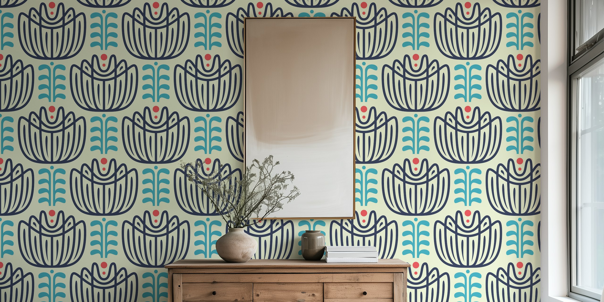 Papel pintado inspirado en tulipanes en un interior moderno