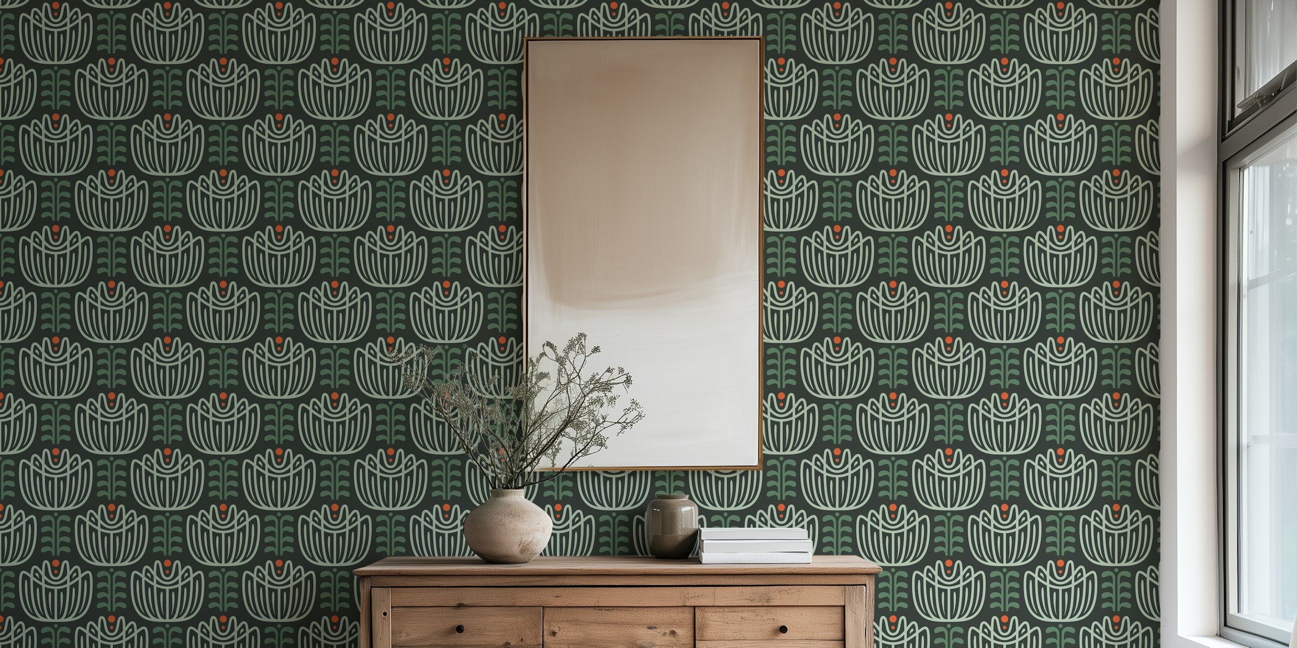 Stylized tulip design in dark green with floral elements wallpaper