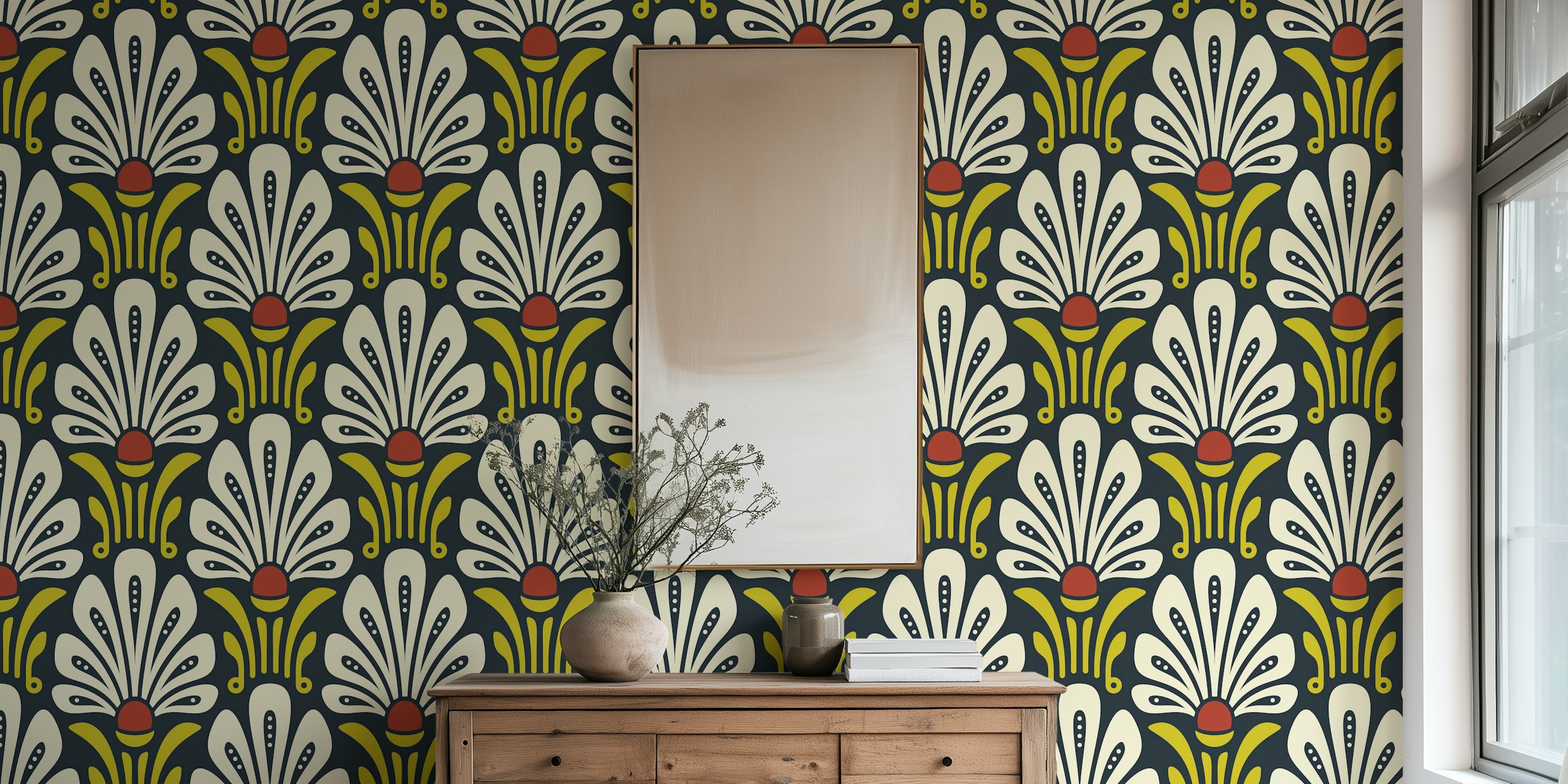 Elegant floral wallpaper i gult och röd.