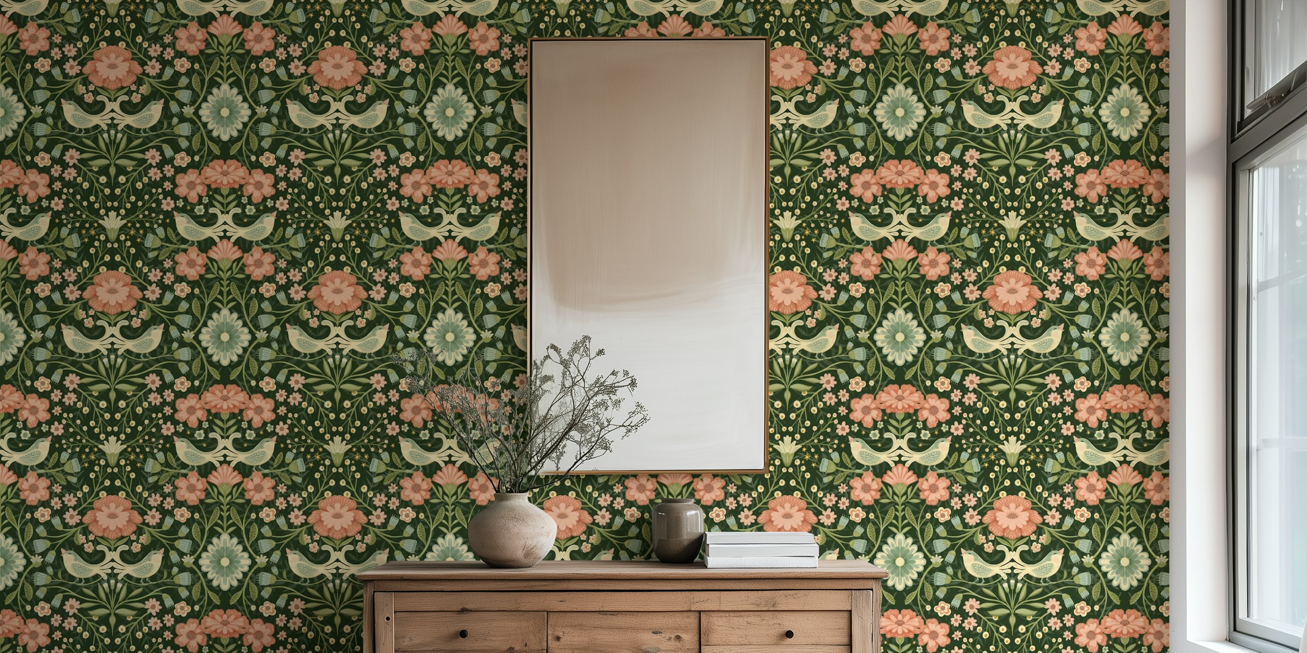 Carta da parati Maximalist Floral Birds in una stanza