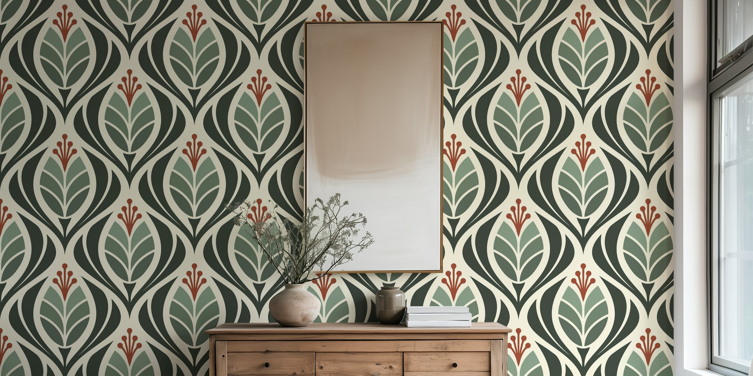 Bold green floral pattern with tulip blossoms wallpaper