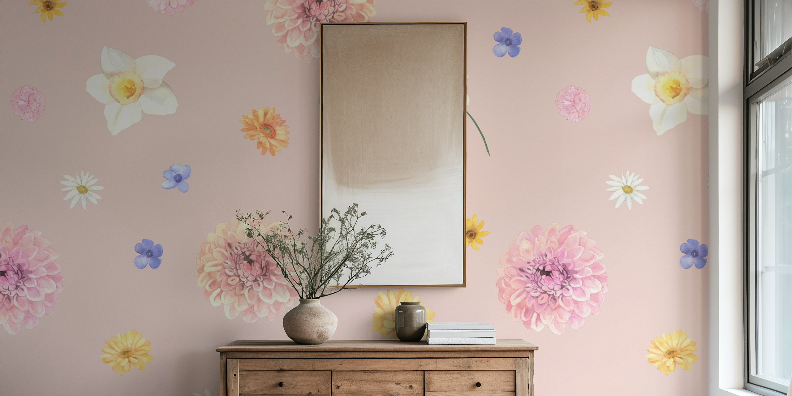 Soft pink floral pattern wallpaper in a room