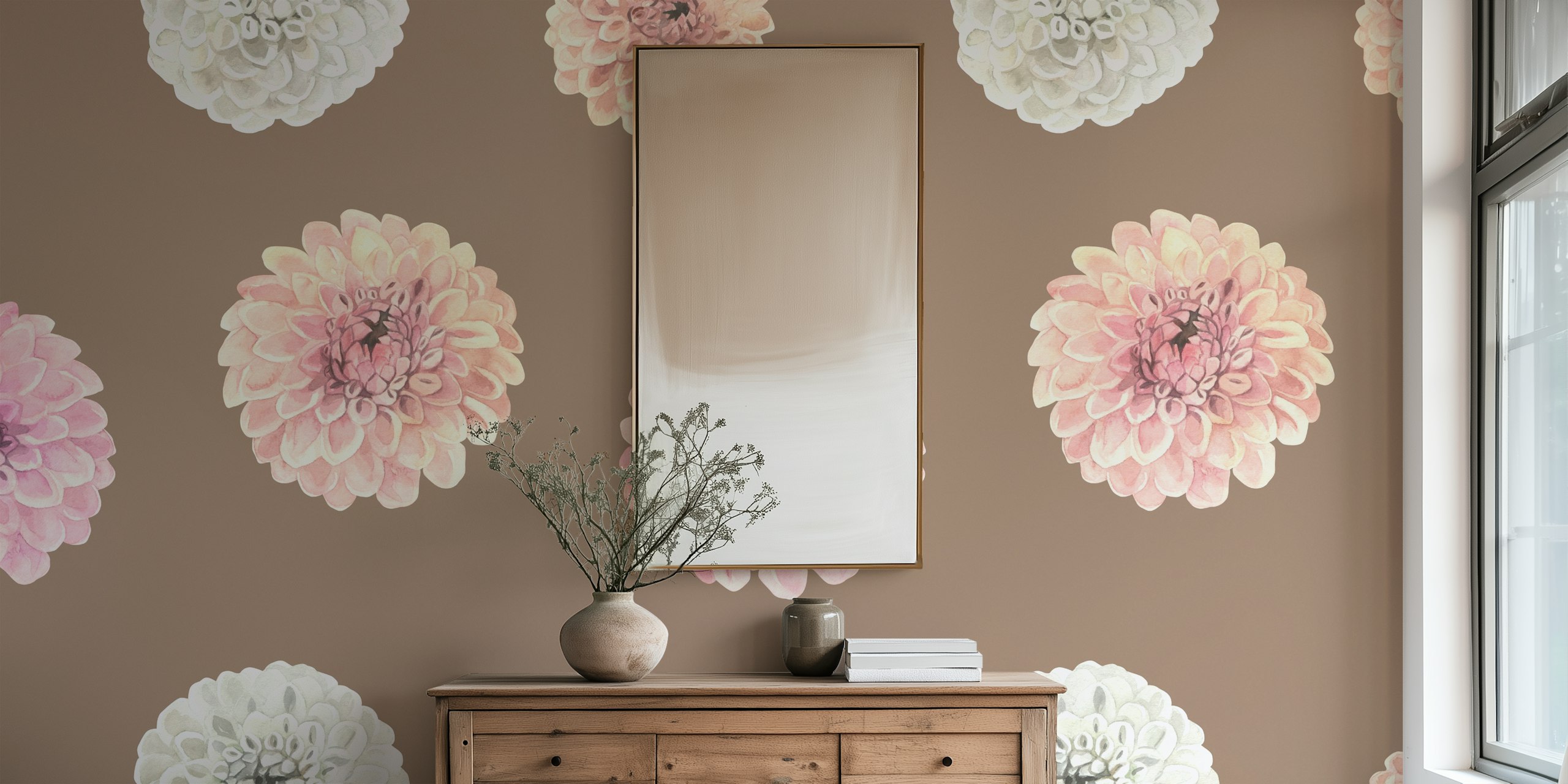 Colorful dahlia flowers on a soft brown background wallpaper