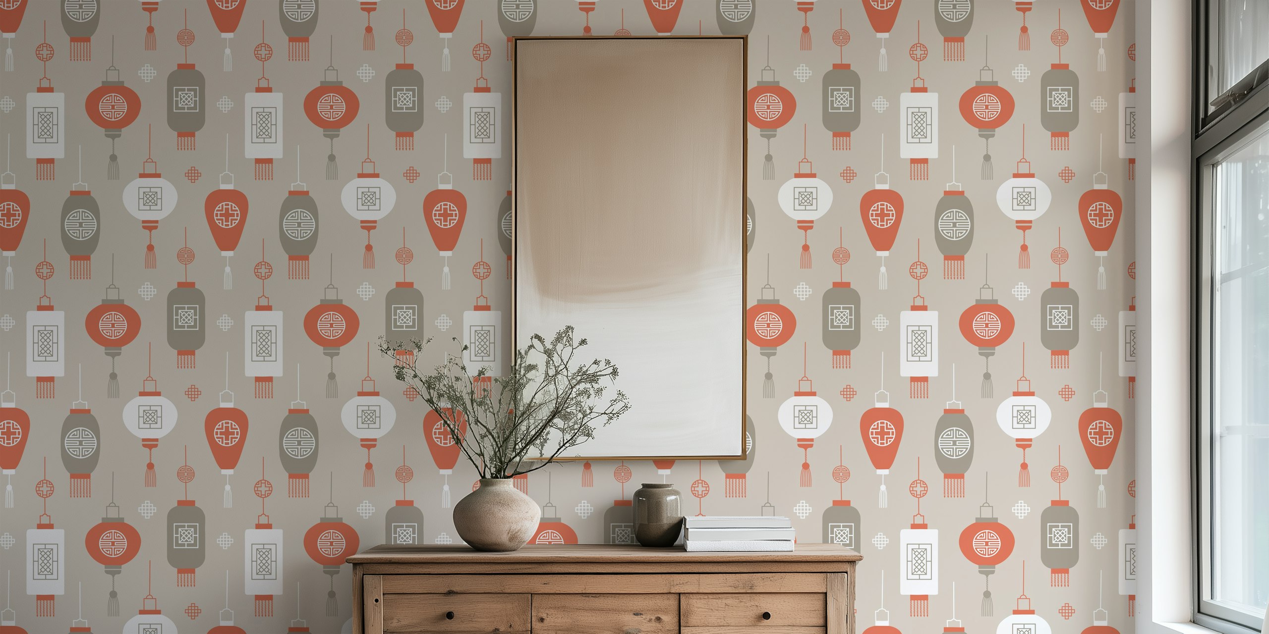 Chinese lantern designs in ochre, white and gray wallpaper