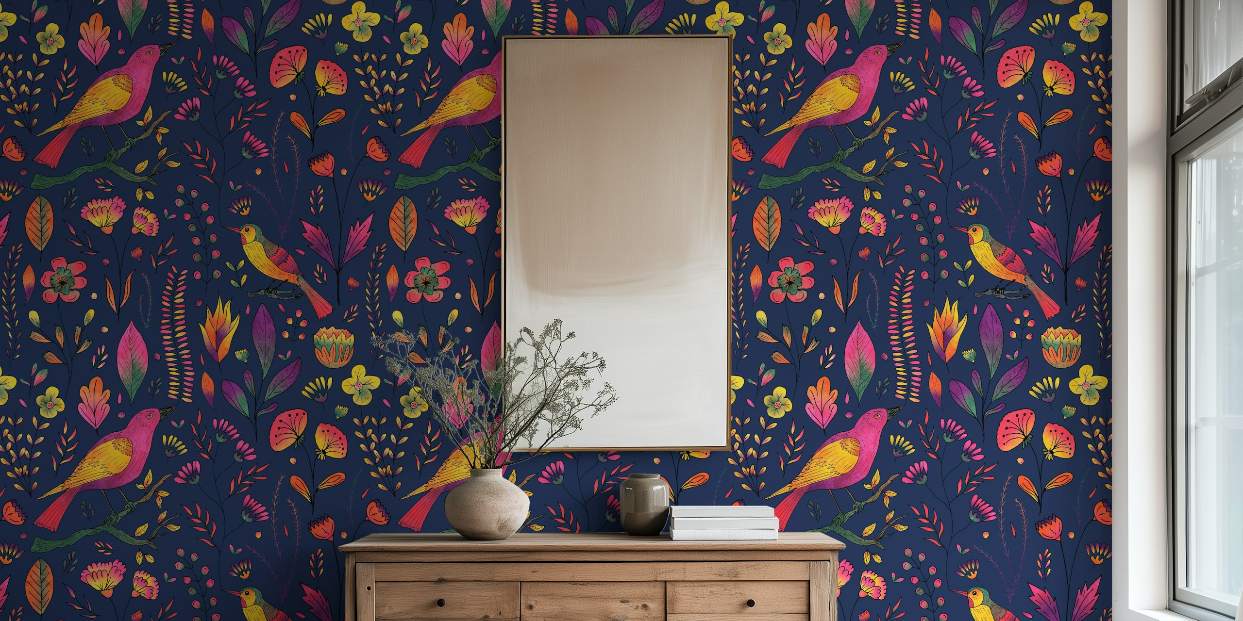 Kleurrijk bloemen- en vogelsbehangontwerp