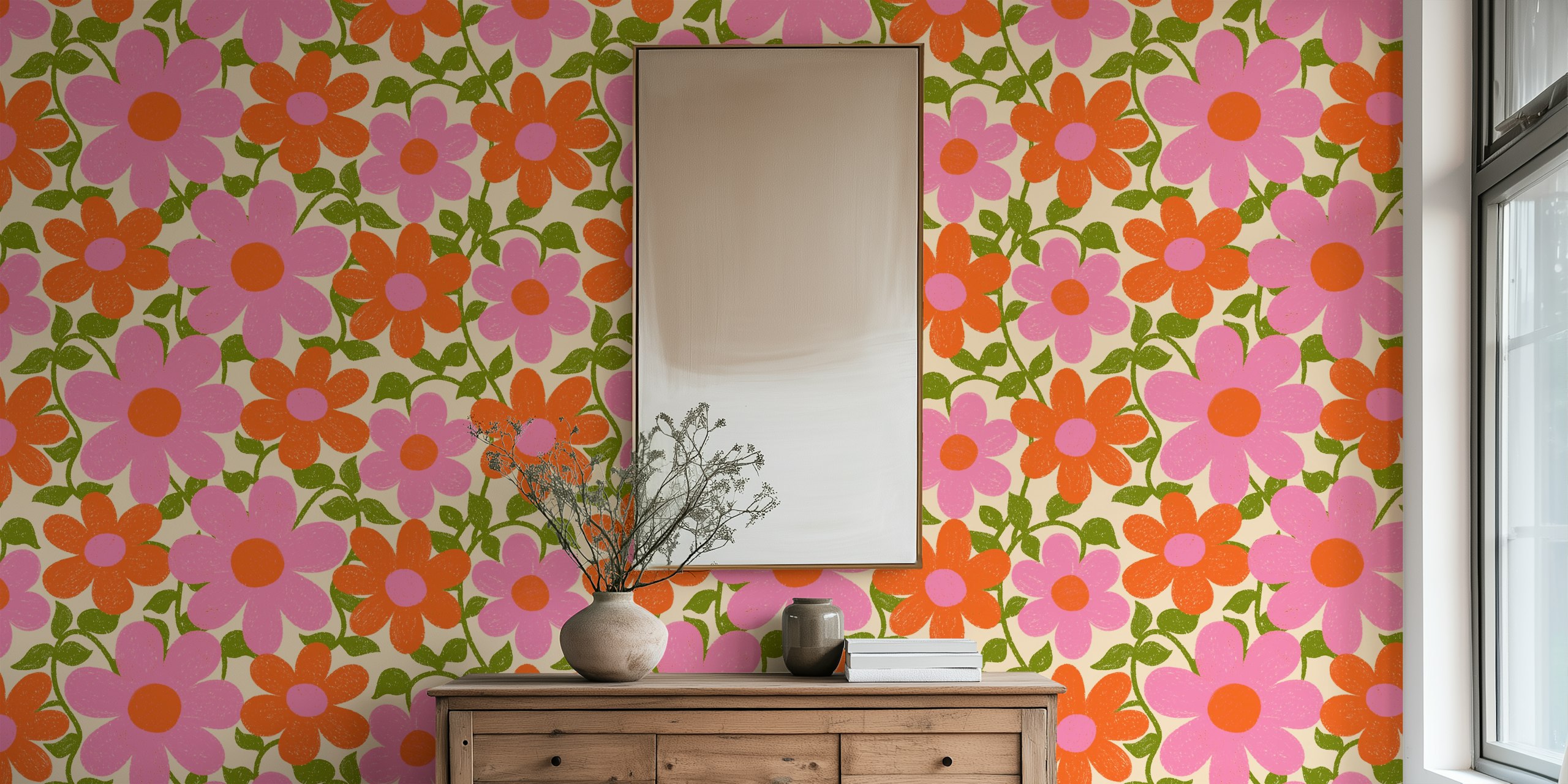 Bright pink and orange flowers with green leaves wallpaper