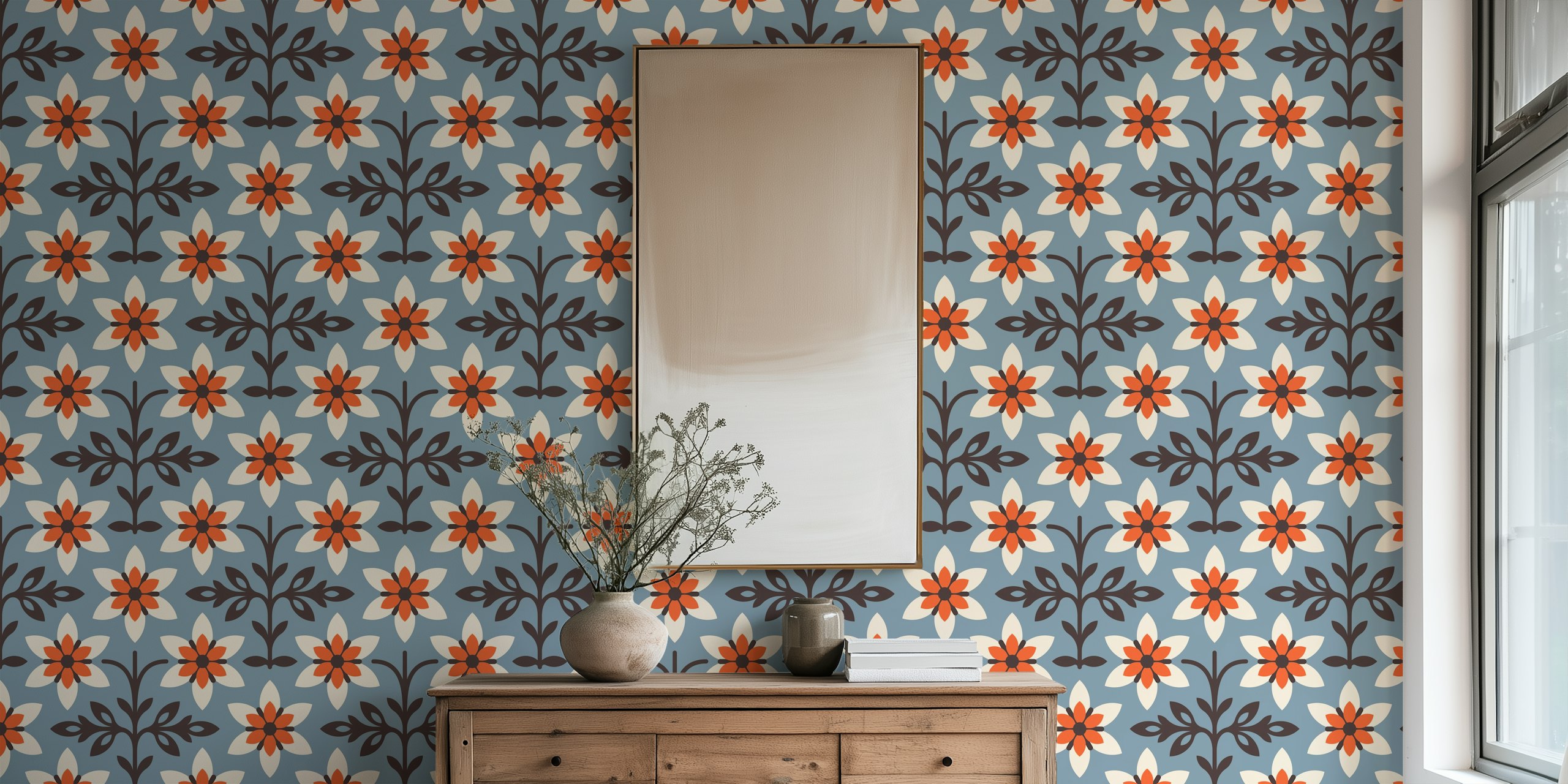 Radiant Vintage Flower Vibes in Blue wallpaper in room