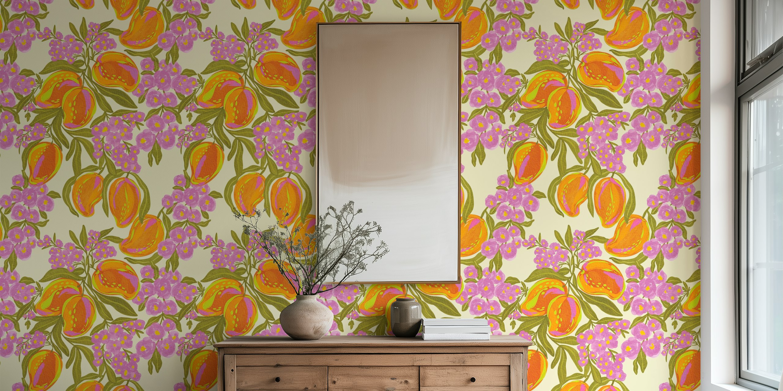 Tropical Mango Blossom wallpaper design in a room
