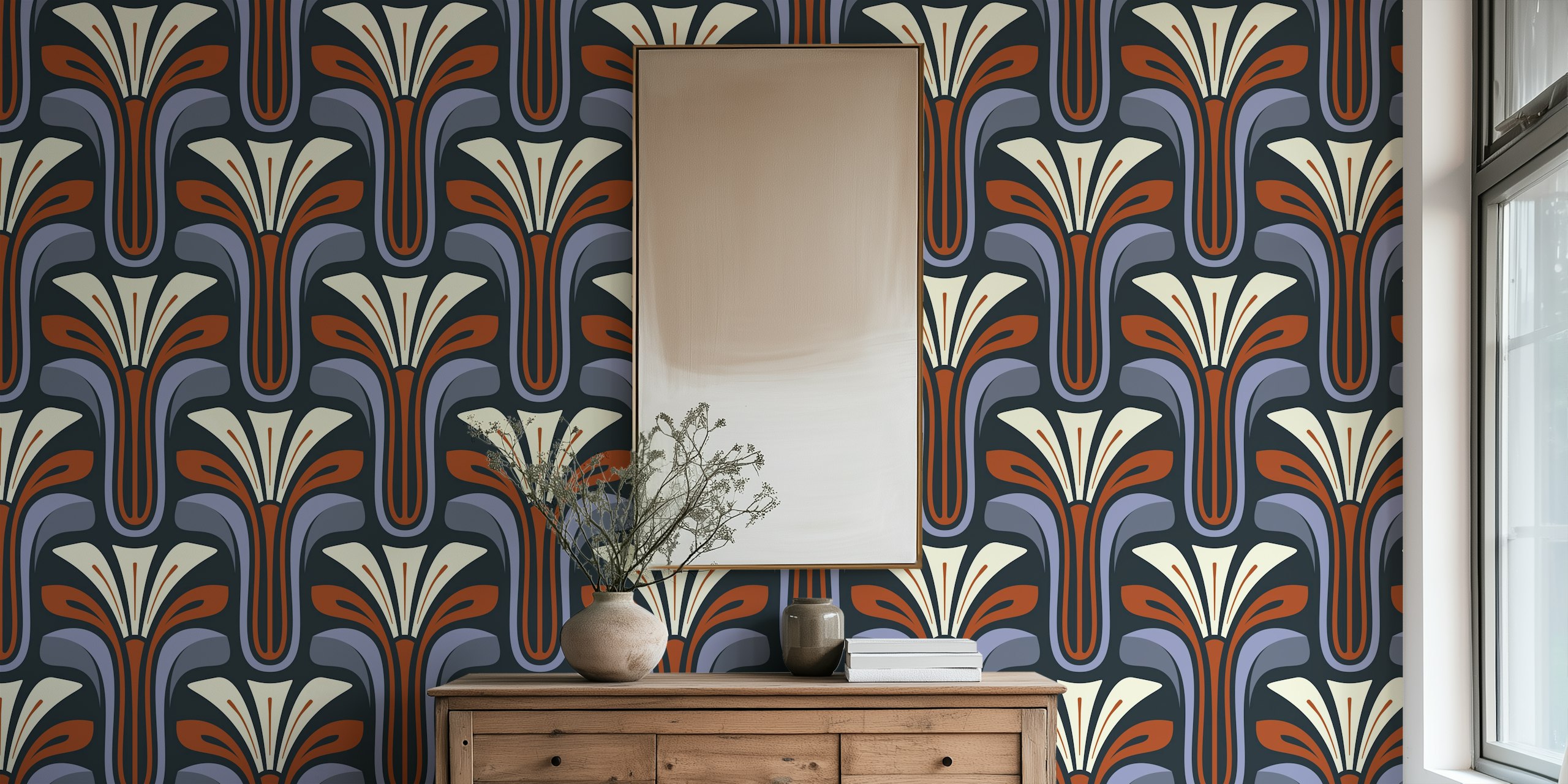 Vintage floral pattern wallpaper featuring purple and red colors