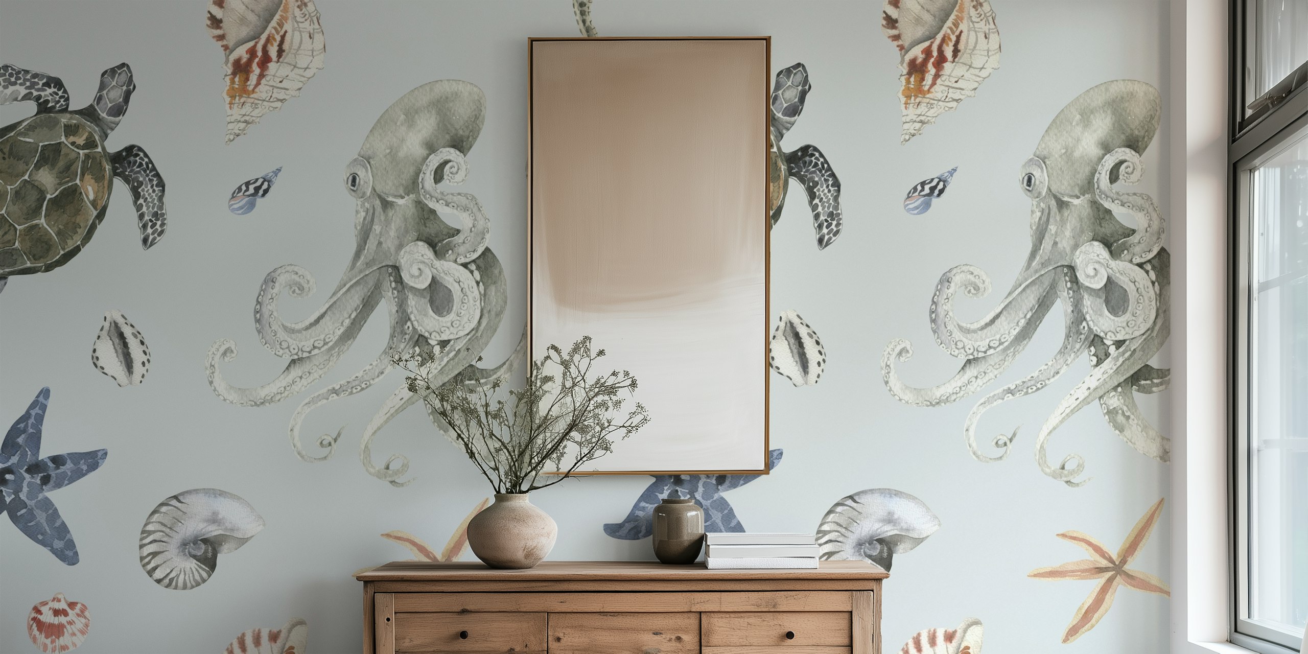 Watercolor Ocean Pattern wallpaper in a room