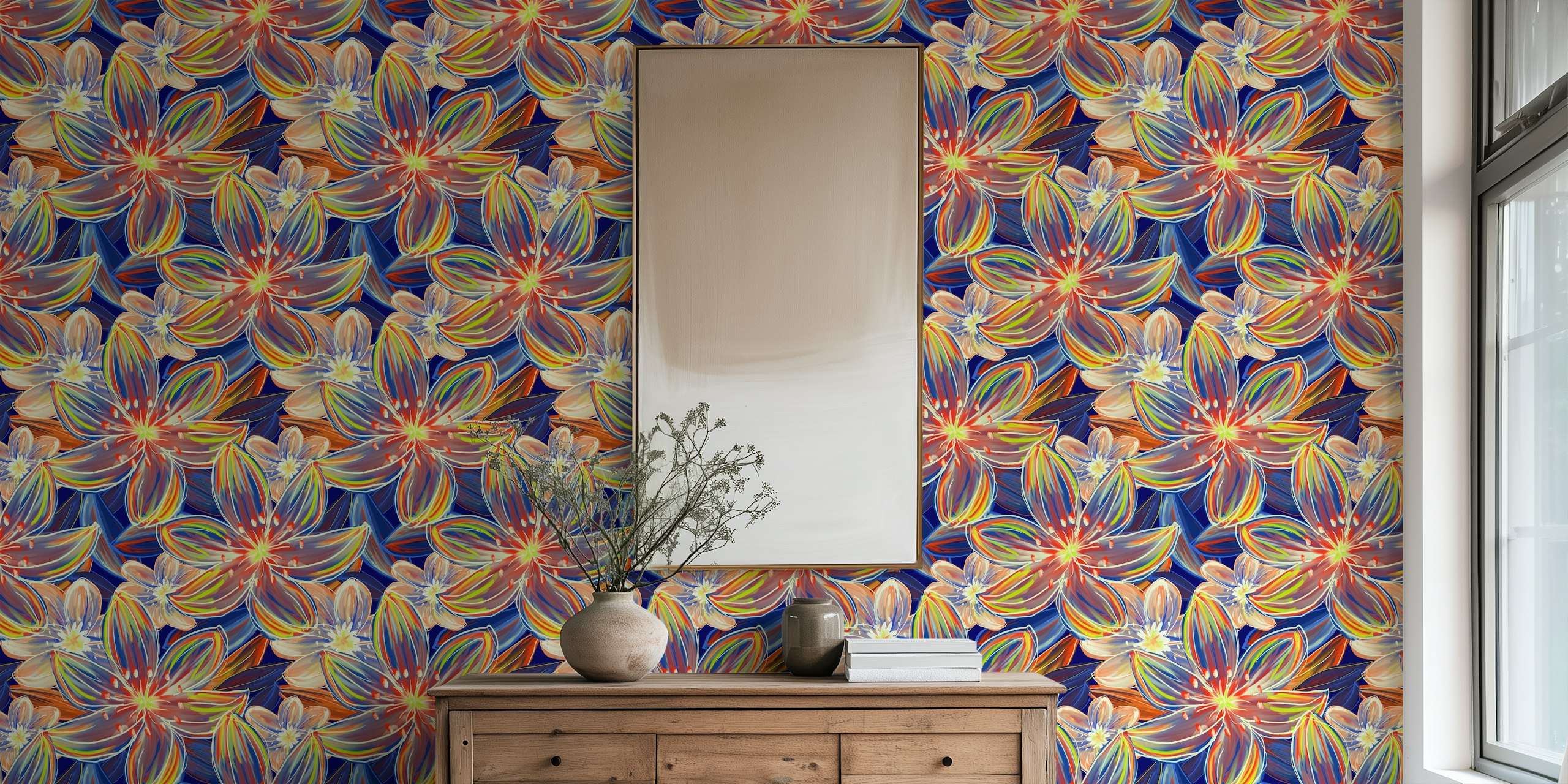 Colorful floral pattern featuring orange and blue flowers wallpaper