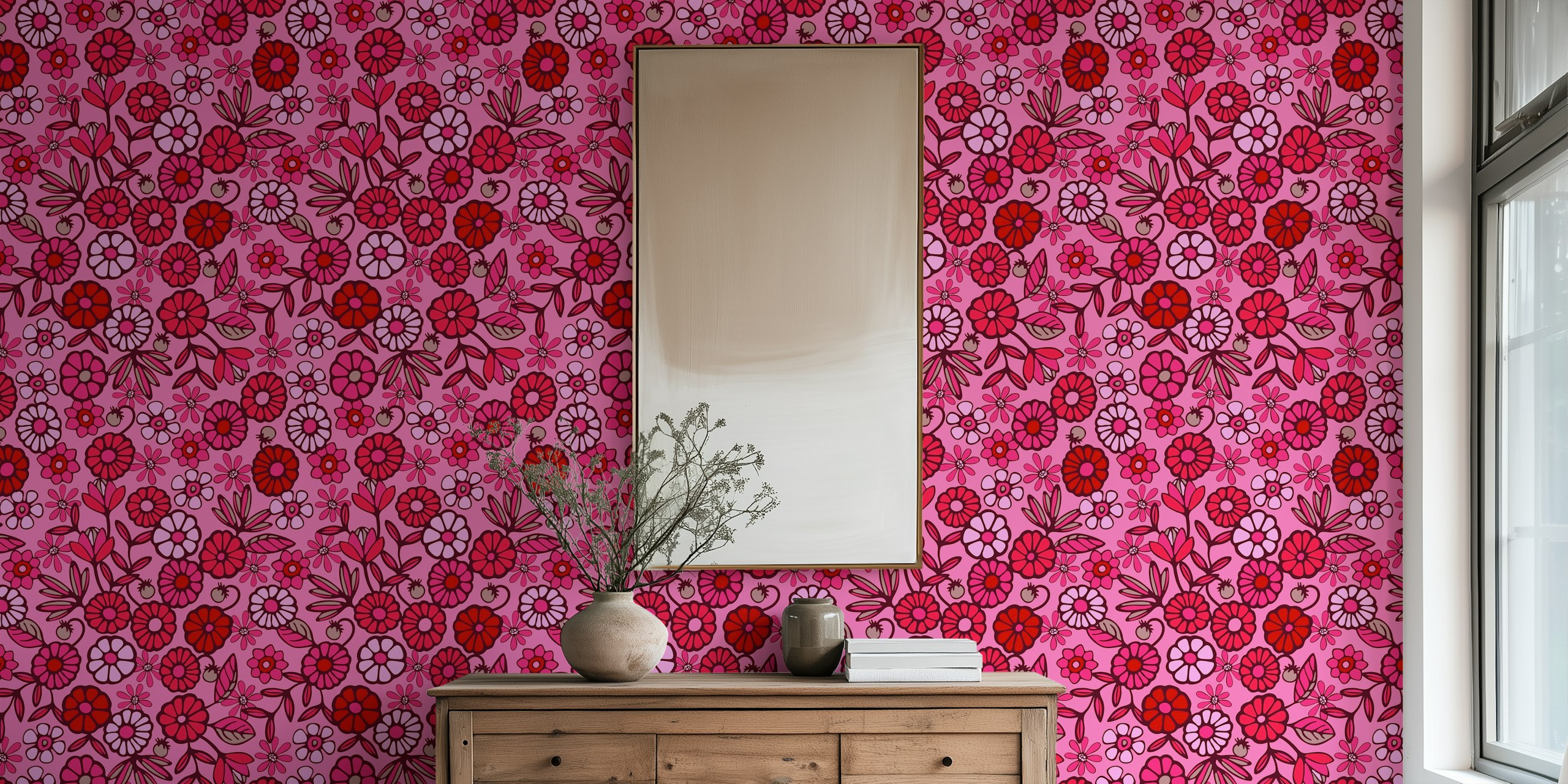 Retro boho floral wallpaper in cherry pink