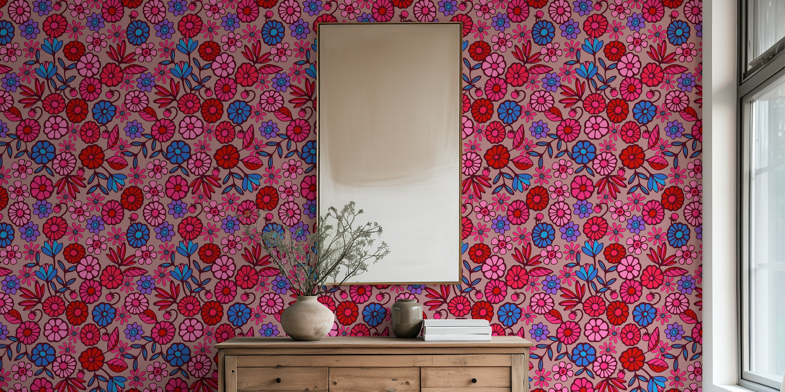 Colorful retro floral pattern with pink, blue, and red flowers wallpaper