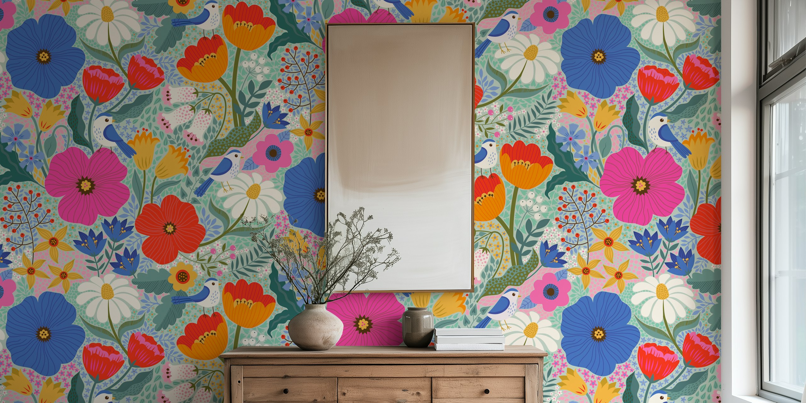 Floral wallpaper with birds in a colorful design