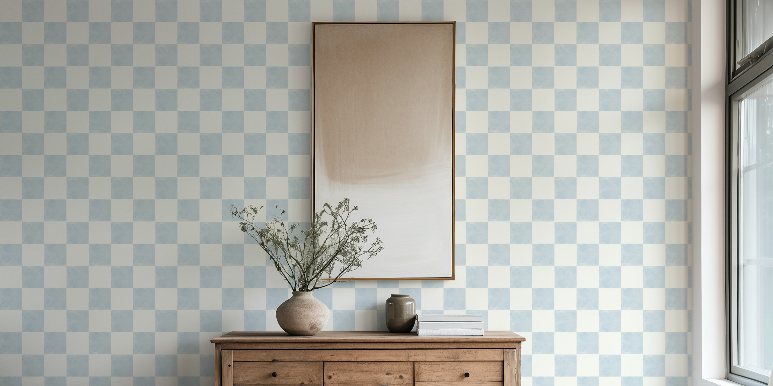 Watercolor Classic soft blue checkerboard tapet i rummet