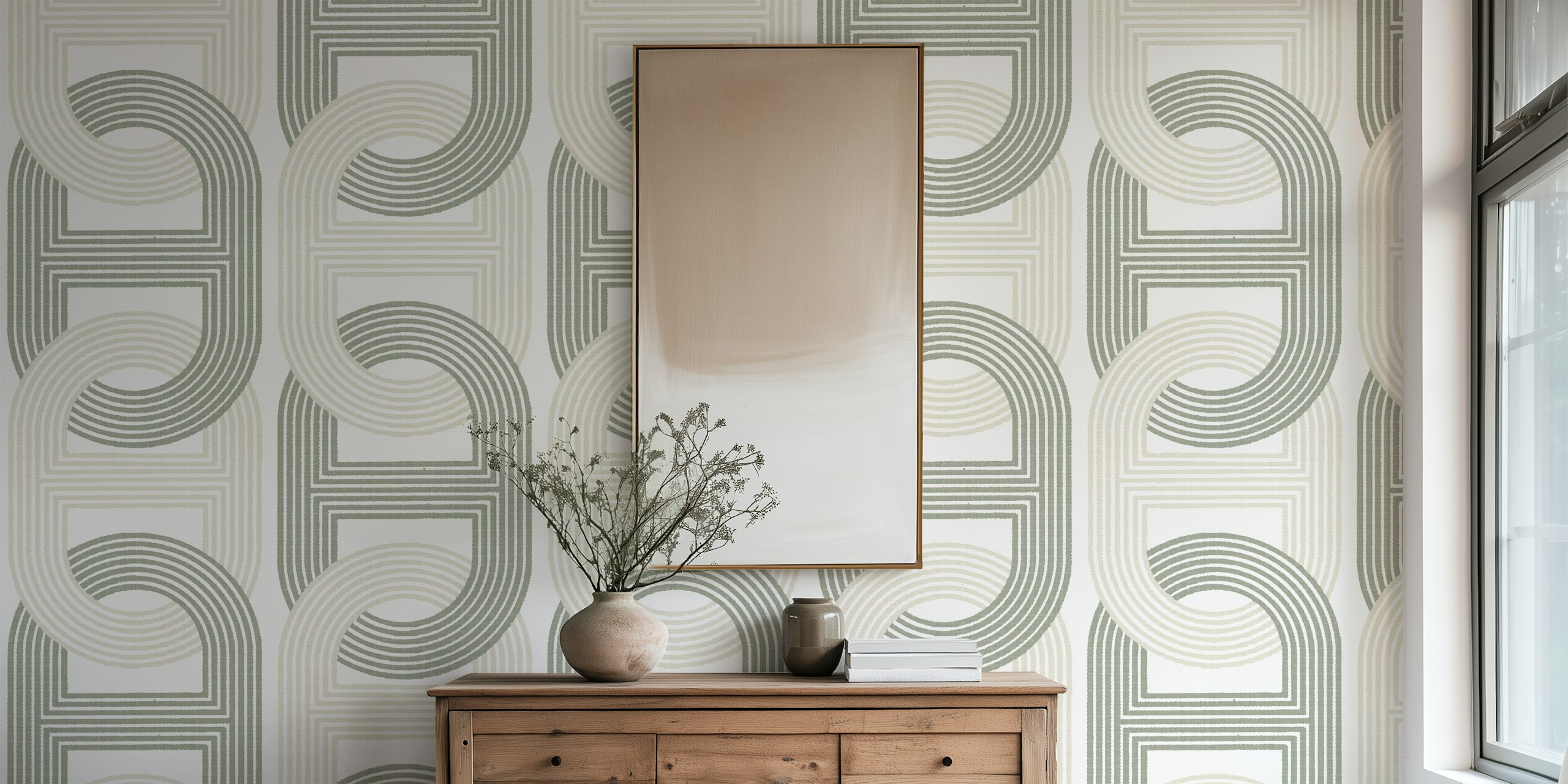 Papel pintado Retro Chain Loops J en verde beige