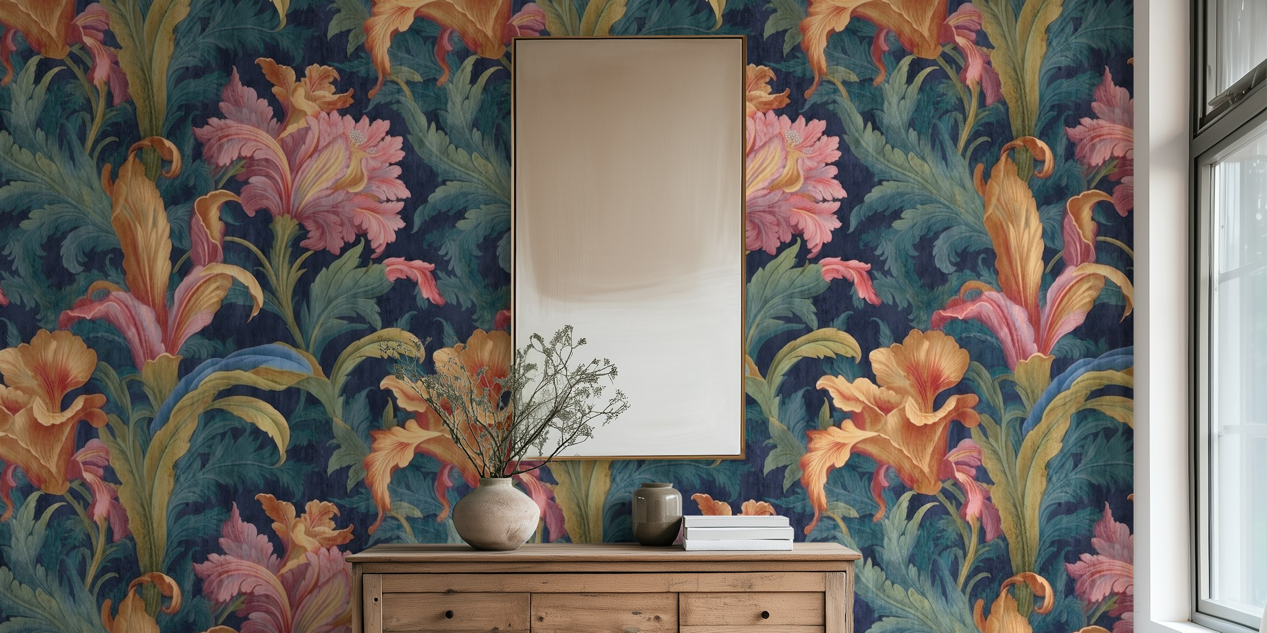 Vintage floral wallpaper with pink and orange flowers on navy background