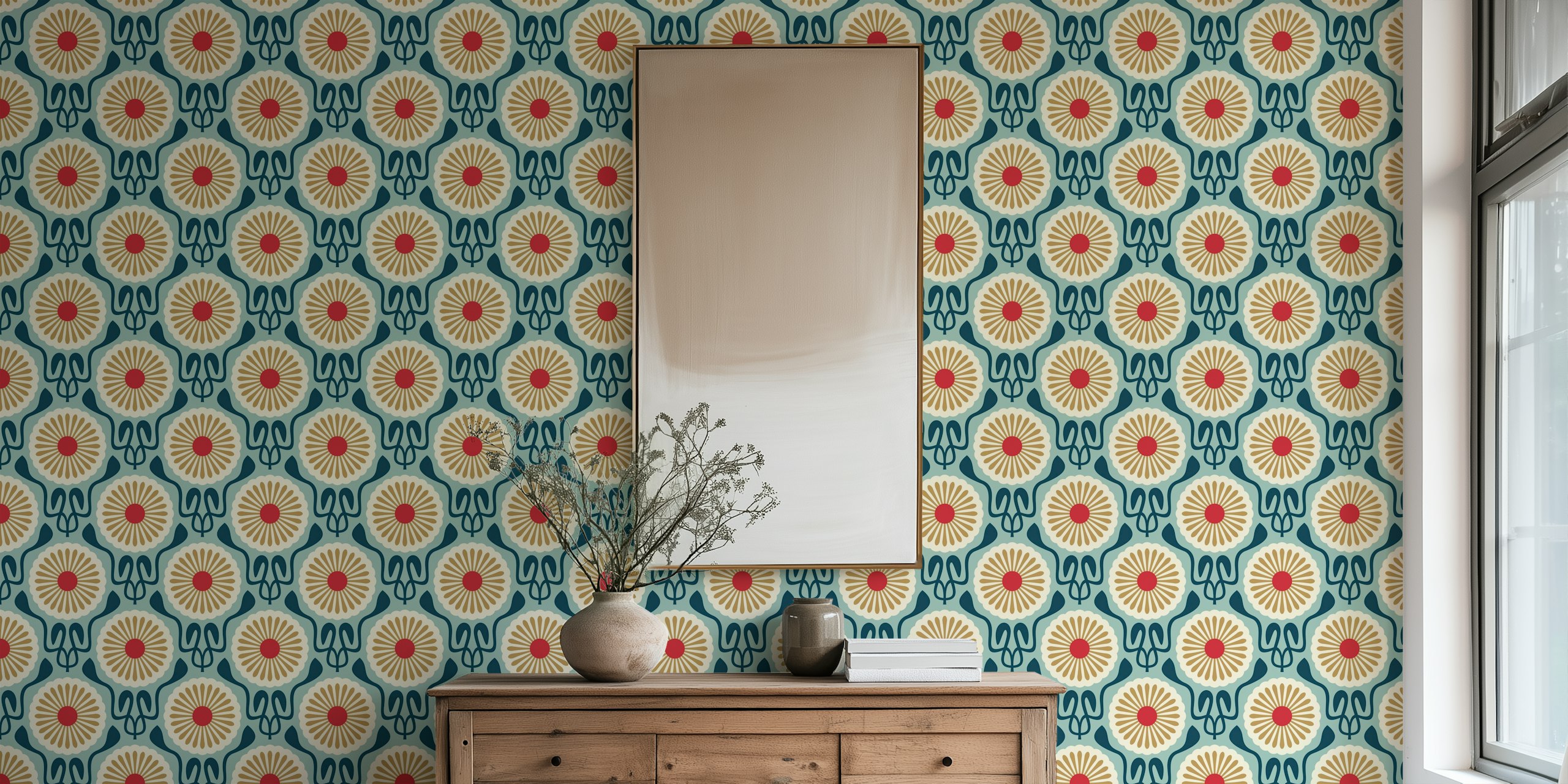 Daisy flowers with teal and gold colors in vintage style wallpaper