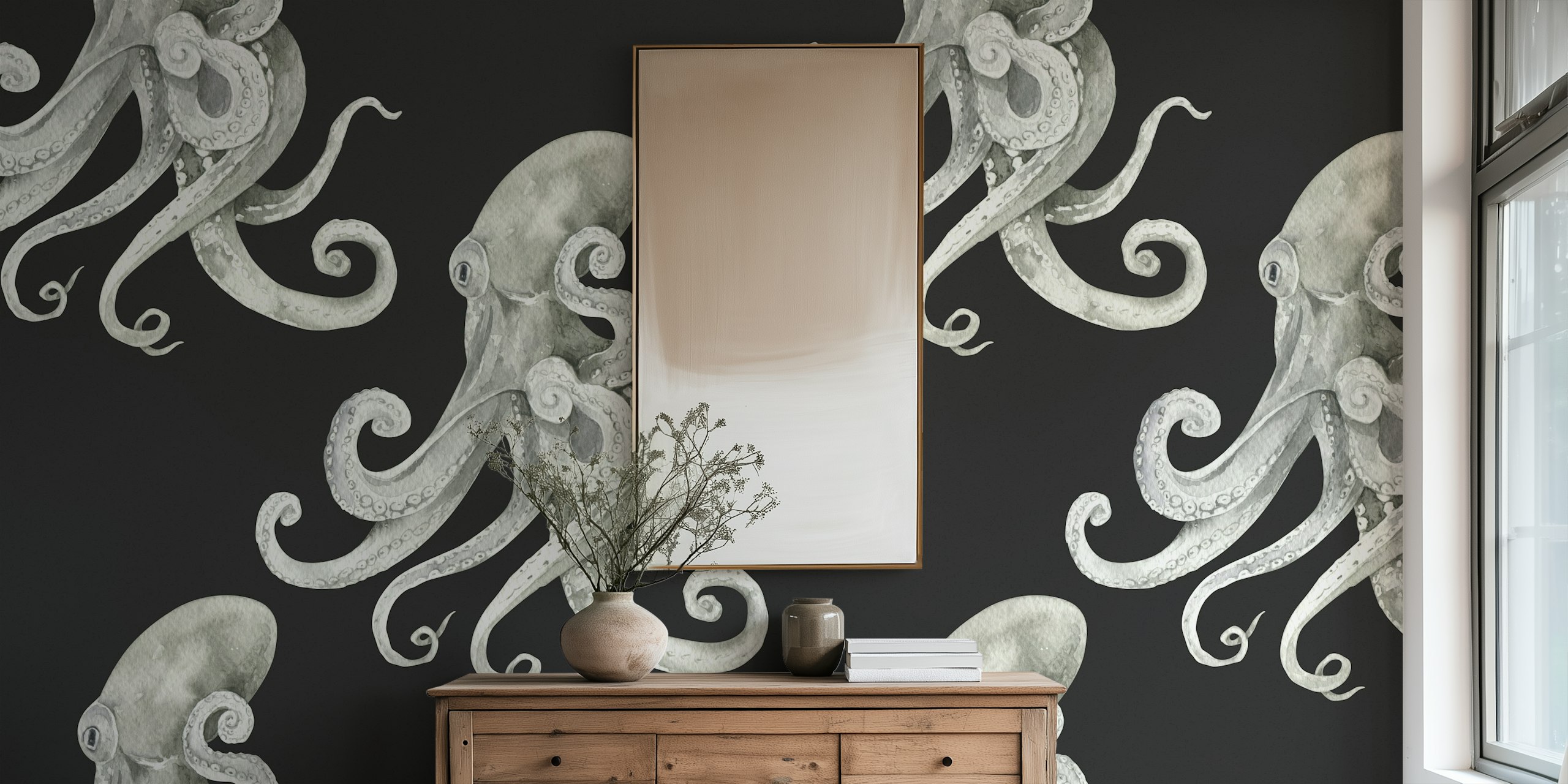 Black and white octopus illustrations on dark background wallpaper