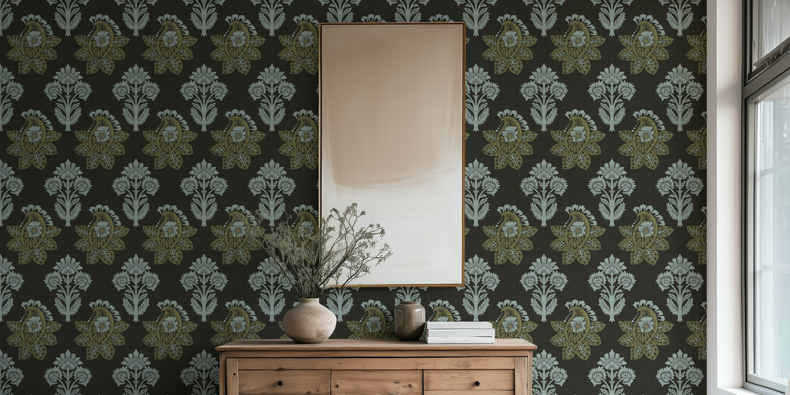 Black wallpaper with floral leaf pattern featuring intricate designs in white and green