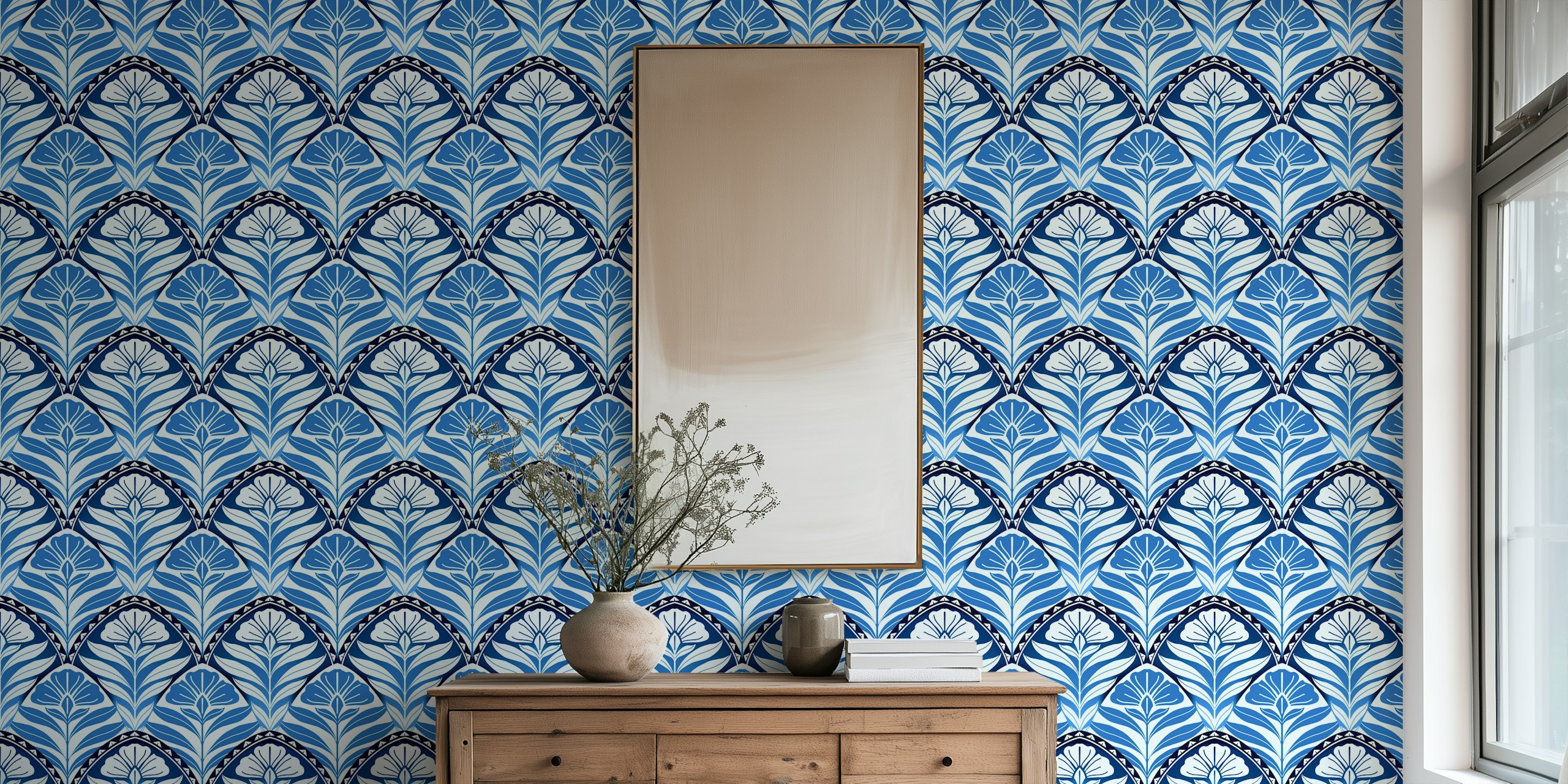 Blue floral design with art deco style wallpaper
